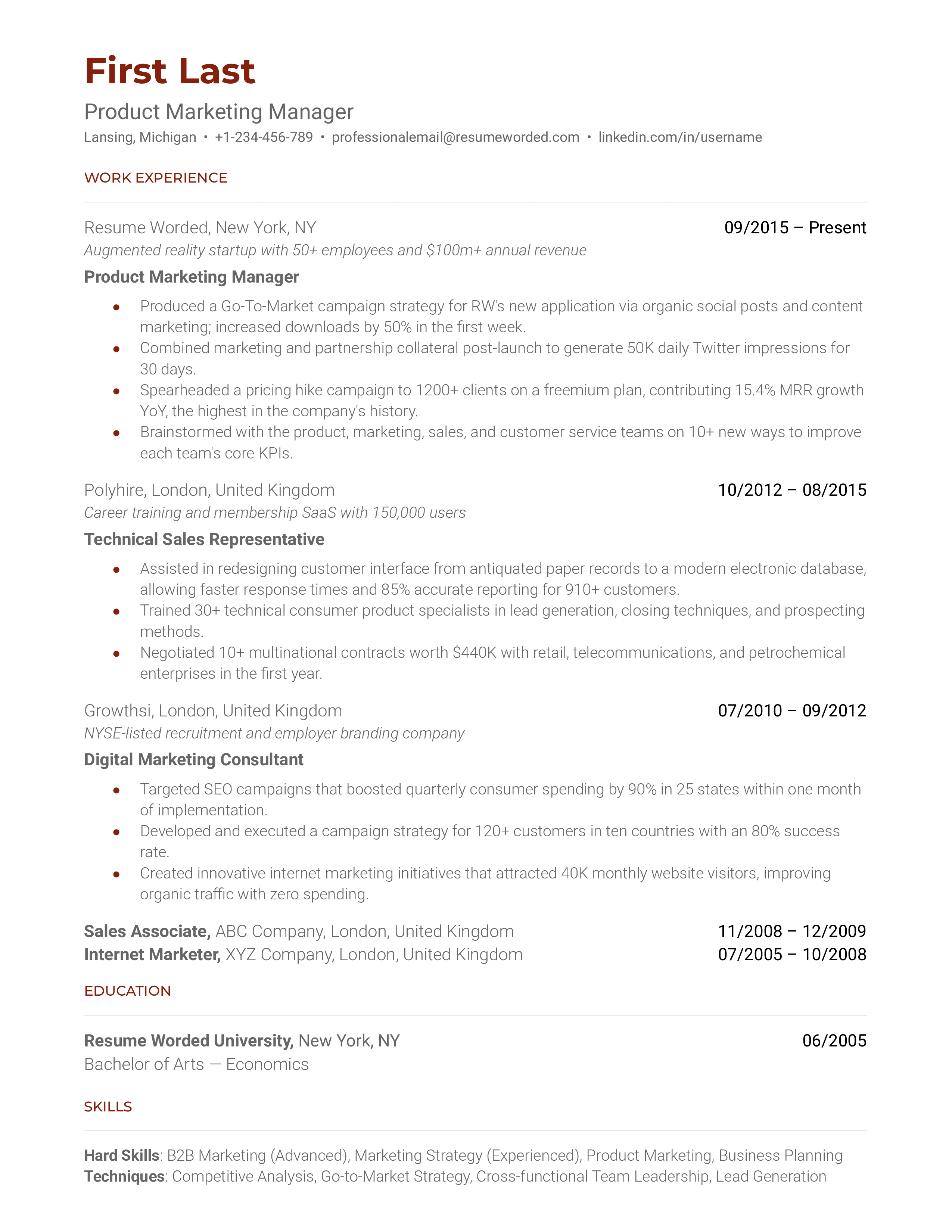 Product Marketing Manager Resume Sample
