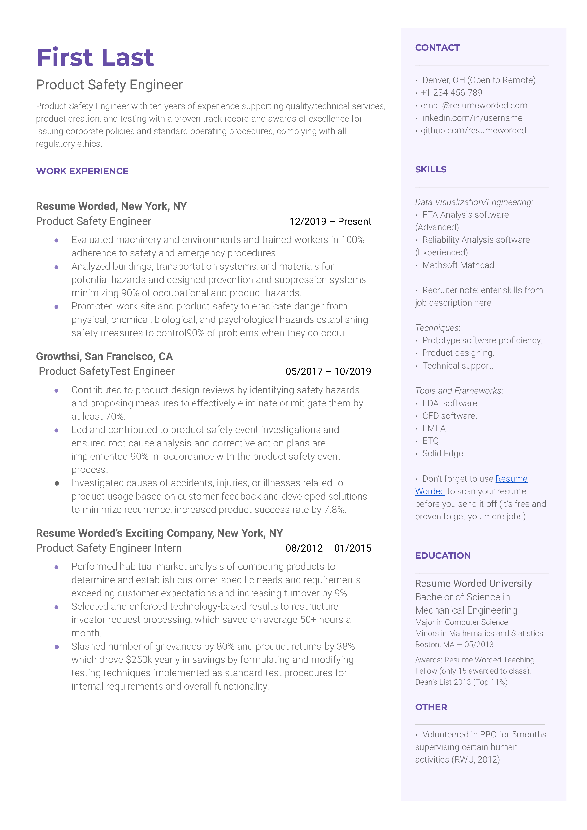 Product Safety Engineer Resume Sample