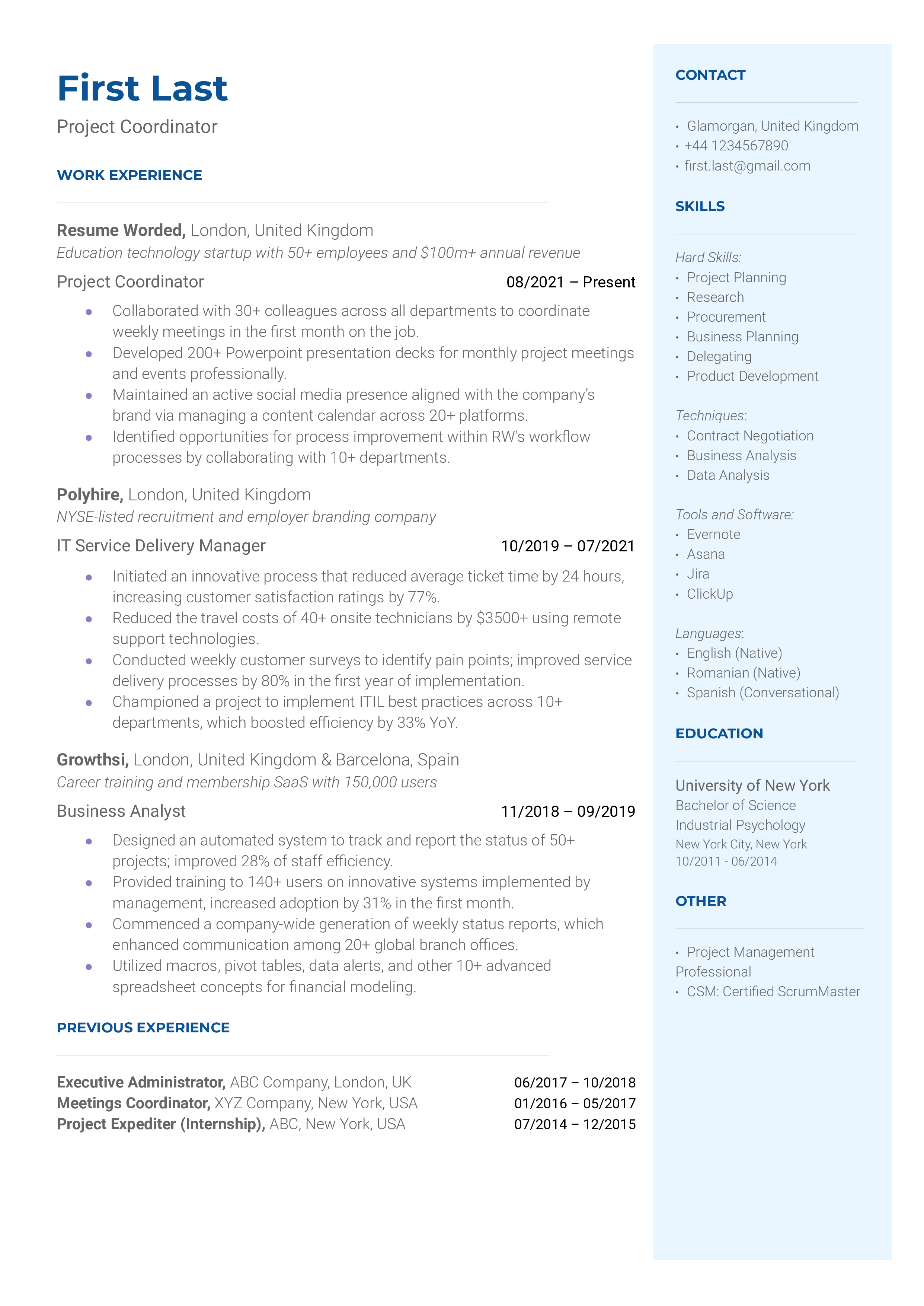 Project Coordinator Resume Sample