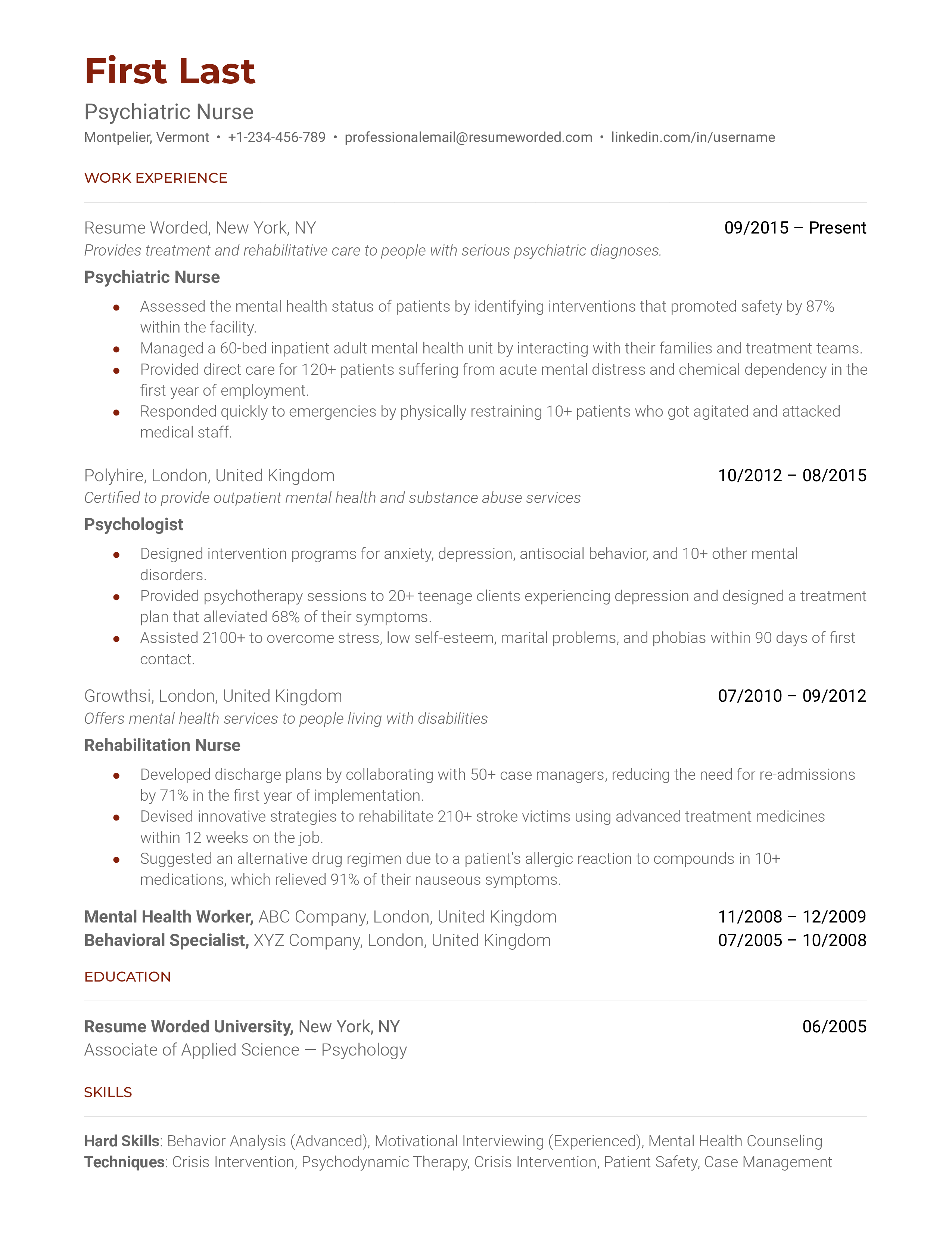Psychiatric Nurse Resume Sample