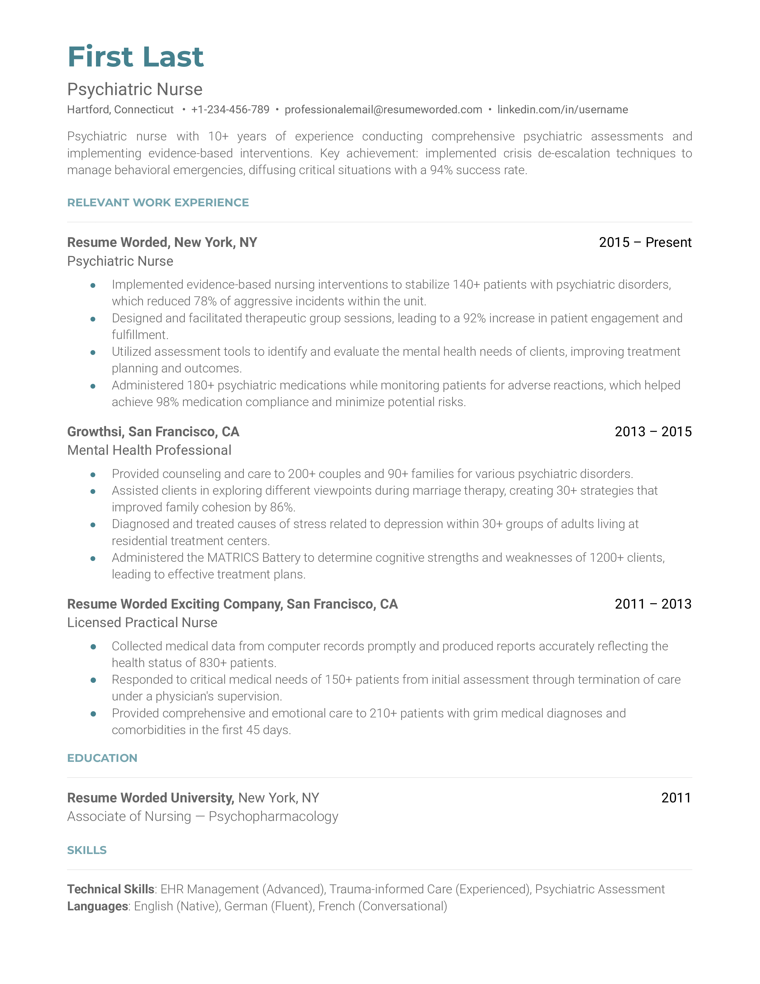 Psychiatric Nurse Resume Sample