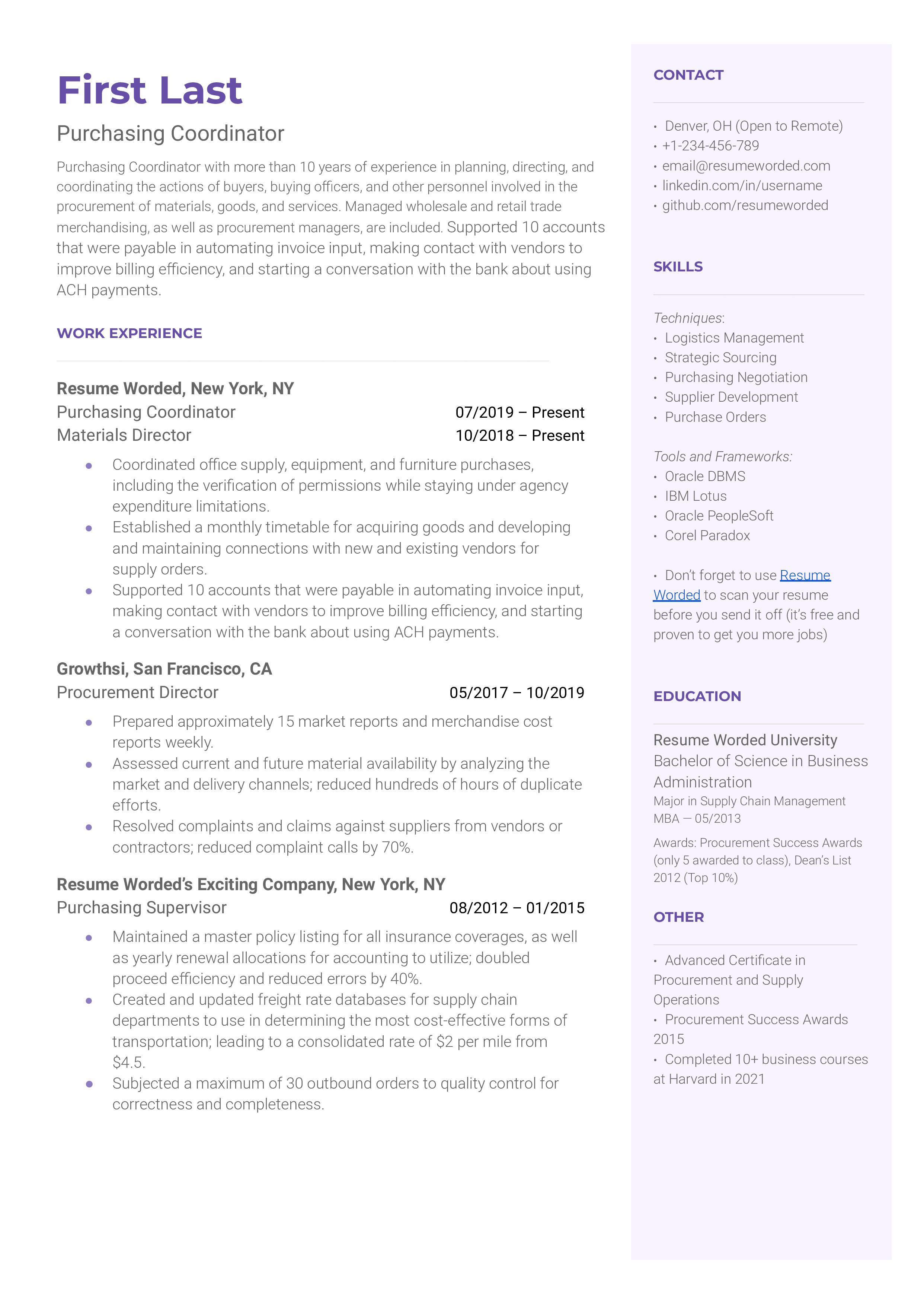 Purchasing Coordinator  Resume Sample