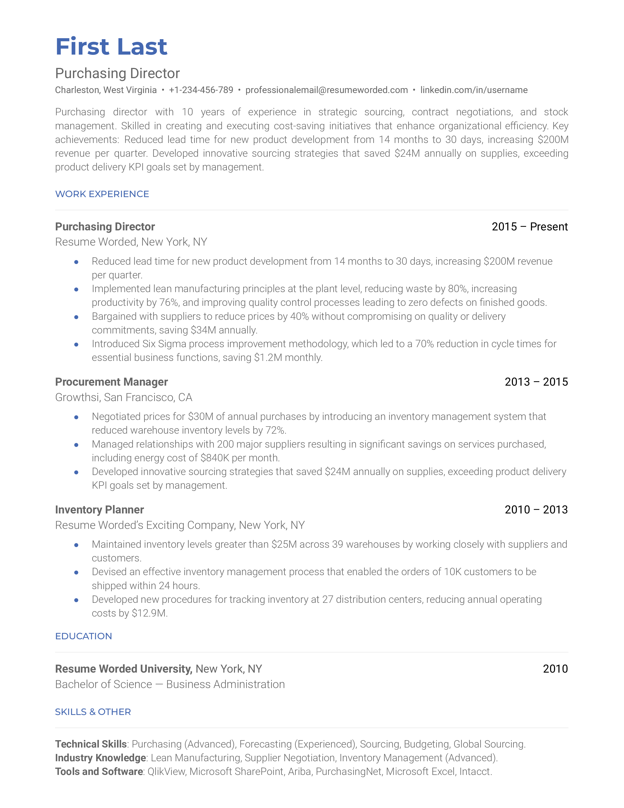 Purchasing Director Resume Sample A purchasing director resume example that organizes work experience chronologically