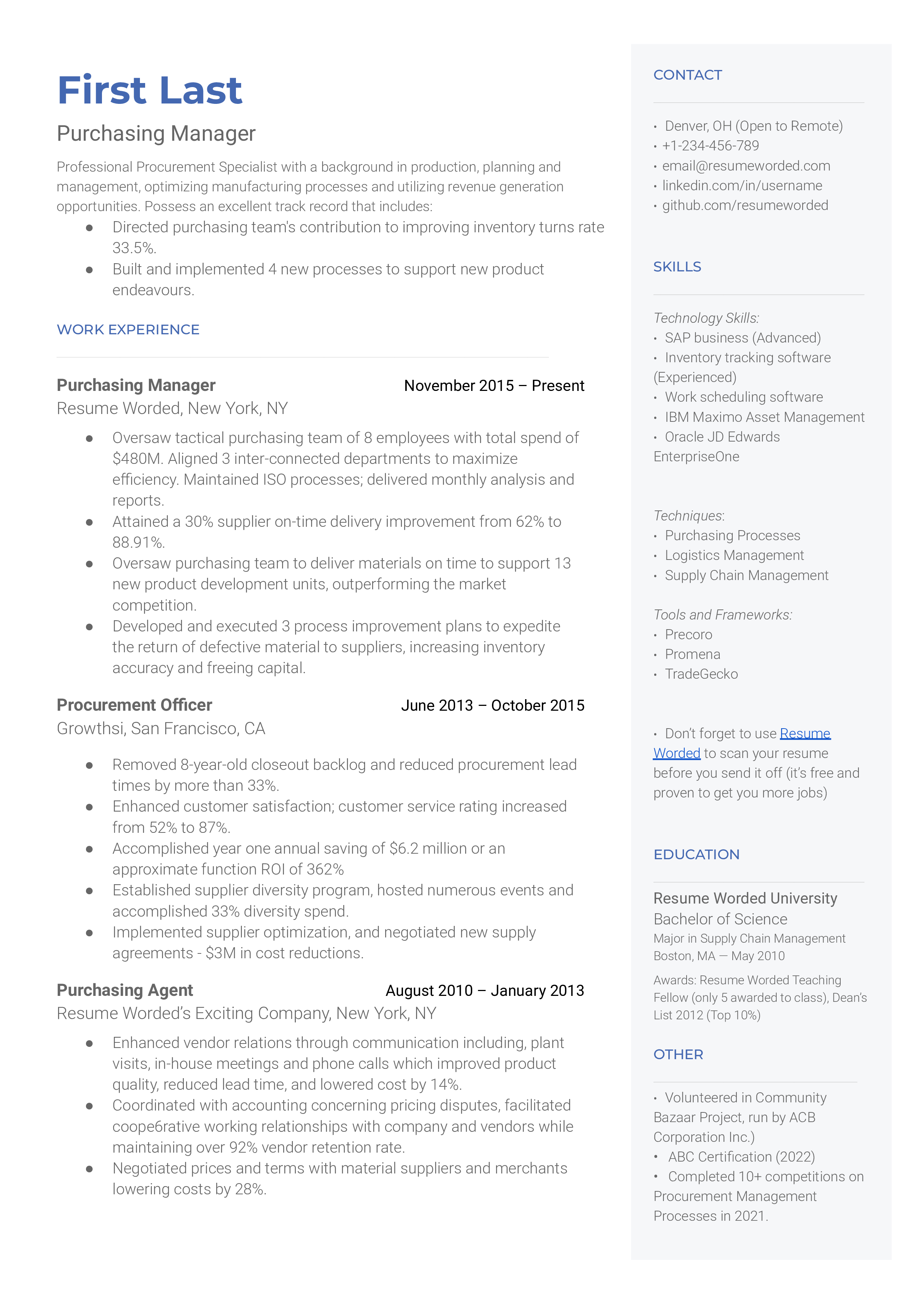 Purchasing Manager Resume Sample