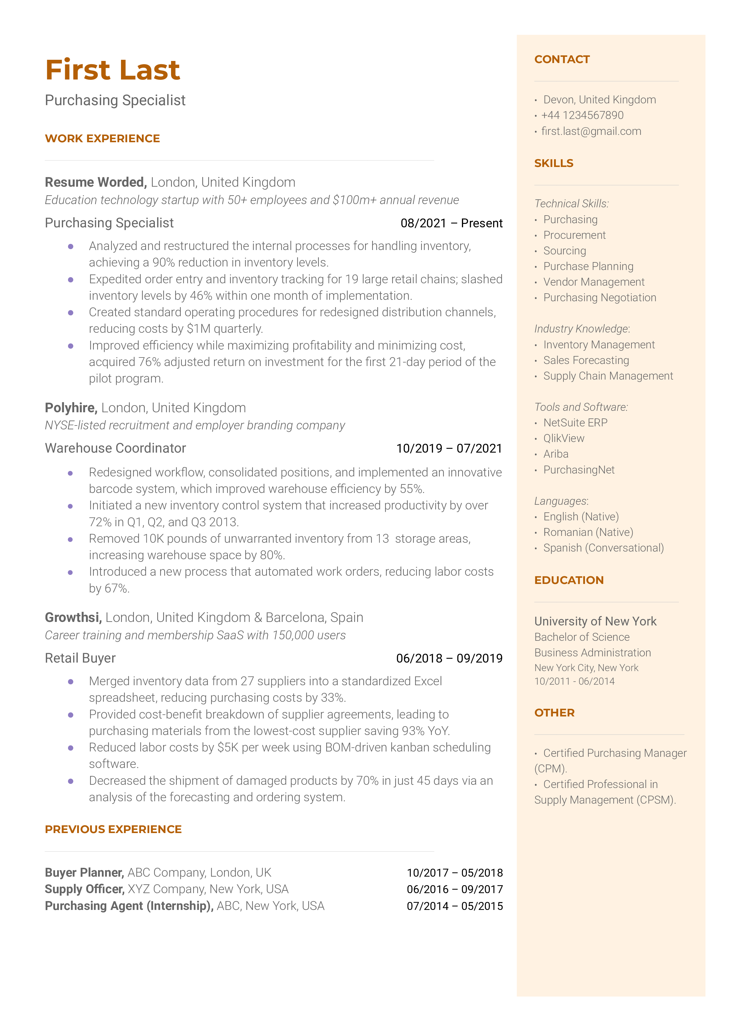 Purchasing Specialist Resume Sample A purchasing specialist resume template that highlights work experience and skills