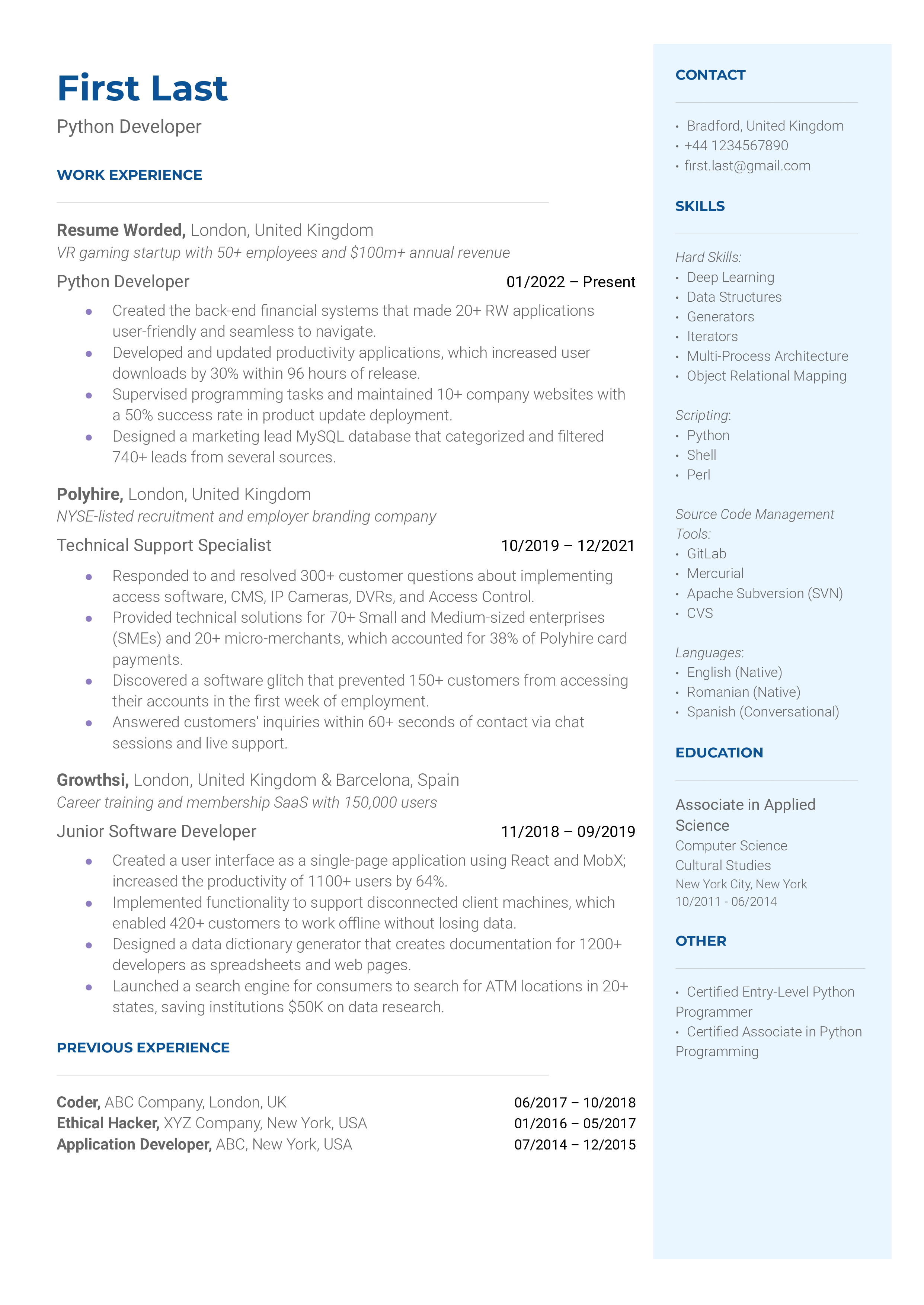 Python Developer Resume Sample