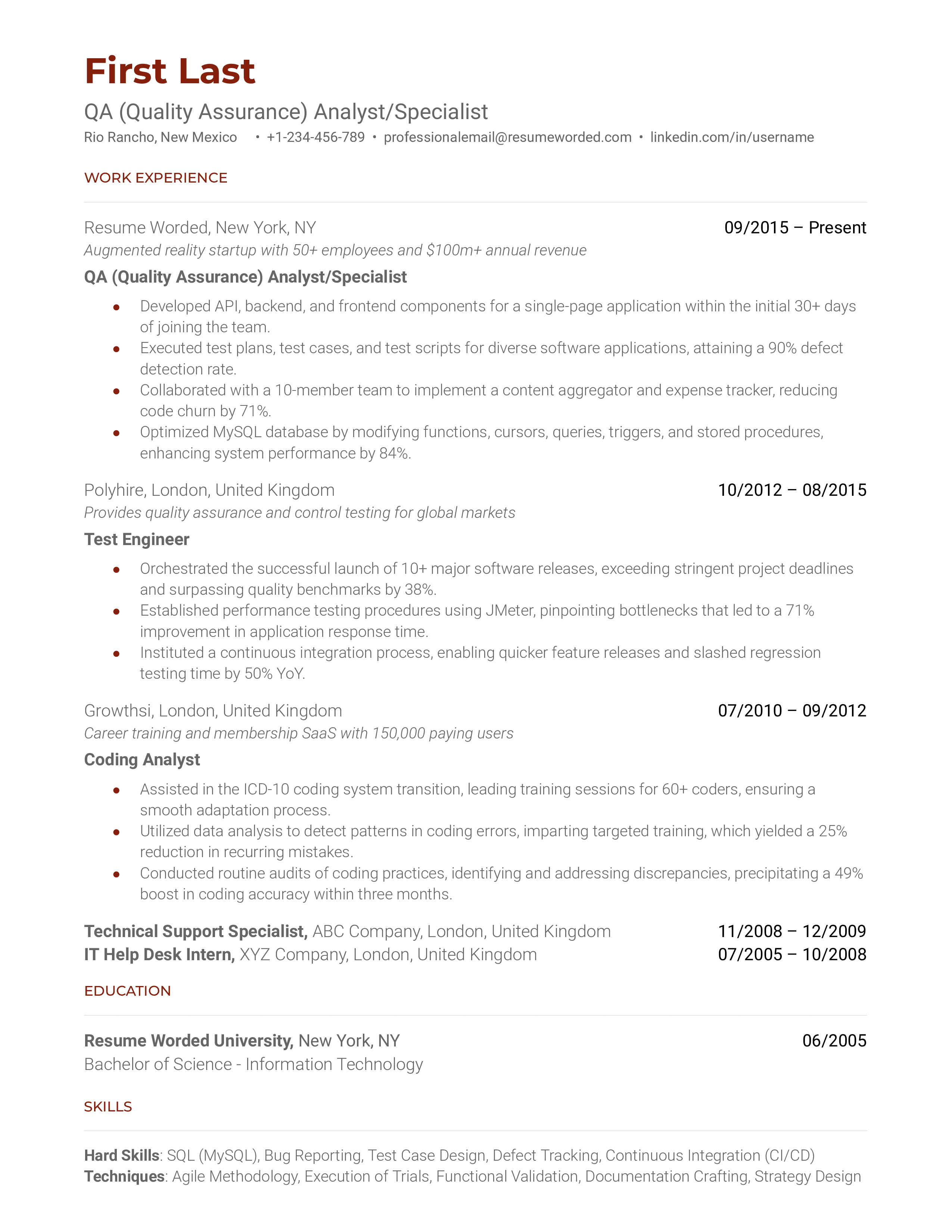QA (Quality Assurance) Analyst/Specialist Resume Sample