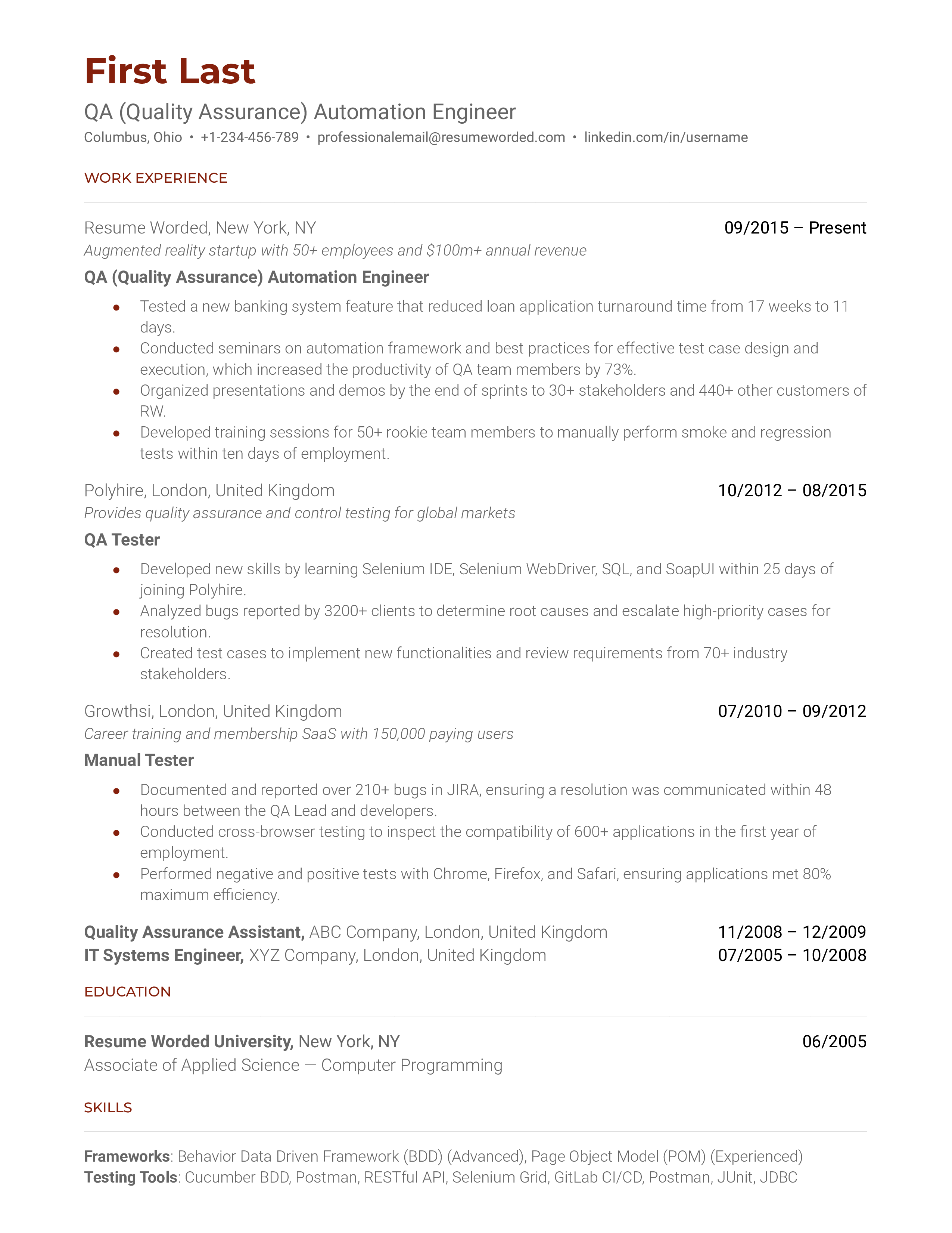 QA (Quality Assurance) Automation Engineer Resume Sample