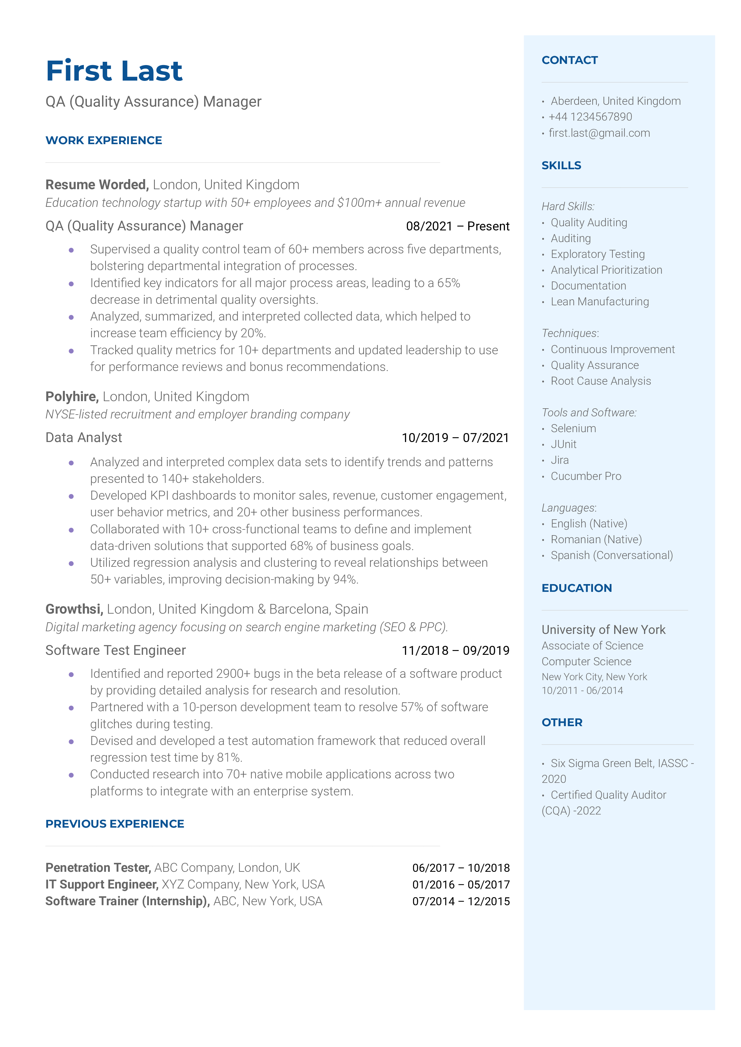 QA (Quality Assurance) Manager Resume Sample