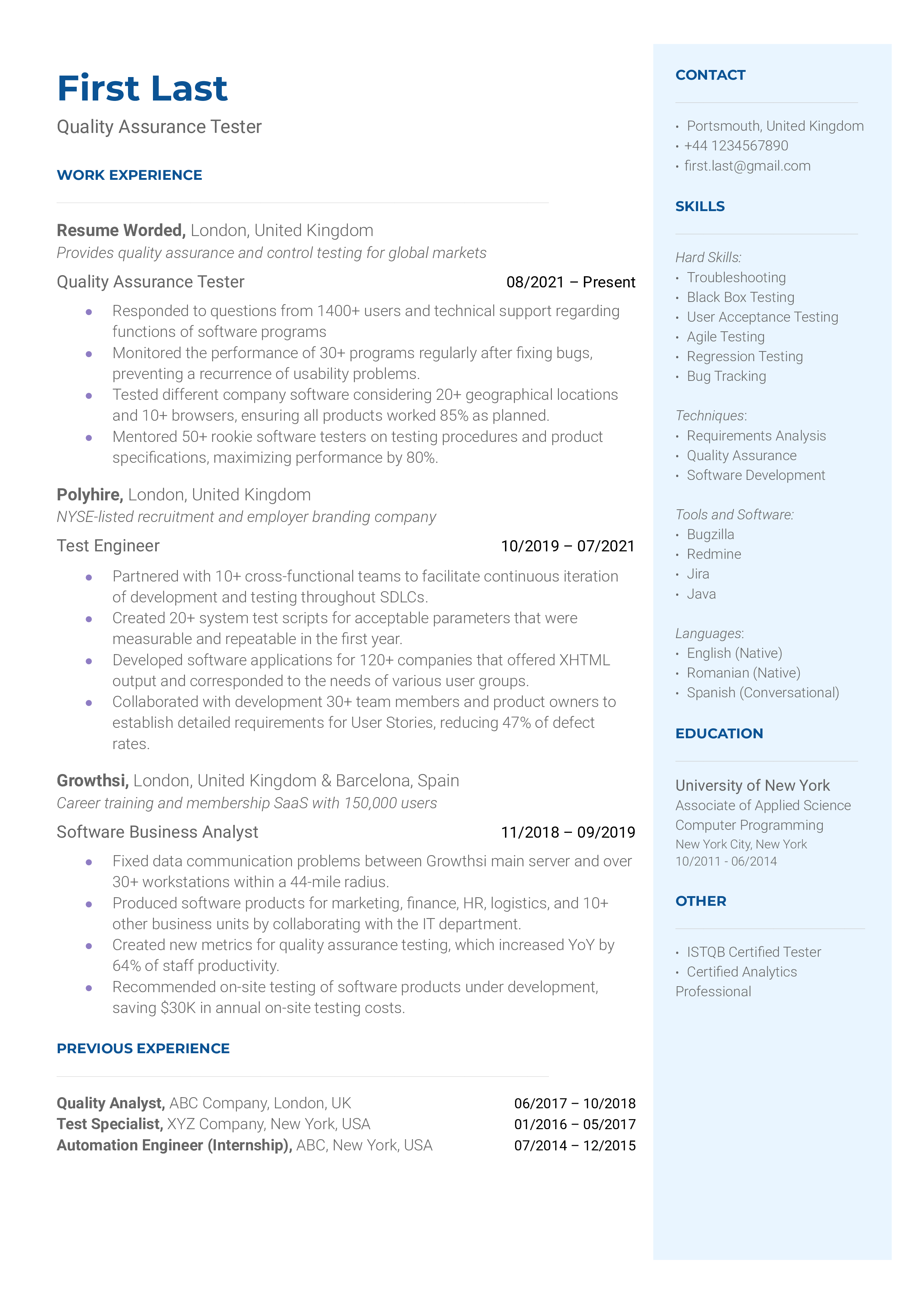 QA (Quality Assurance) Software Tester Resume Sample