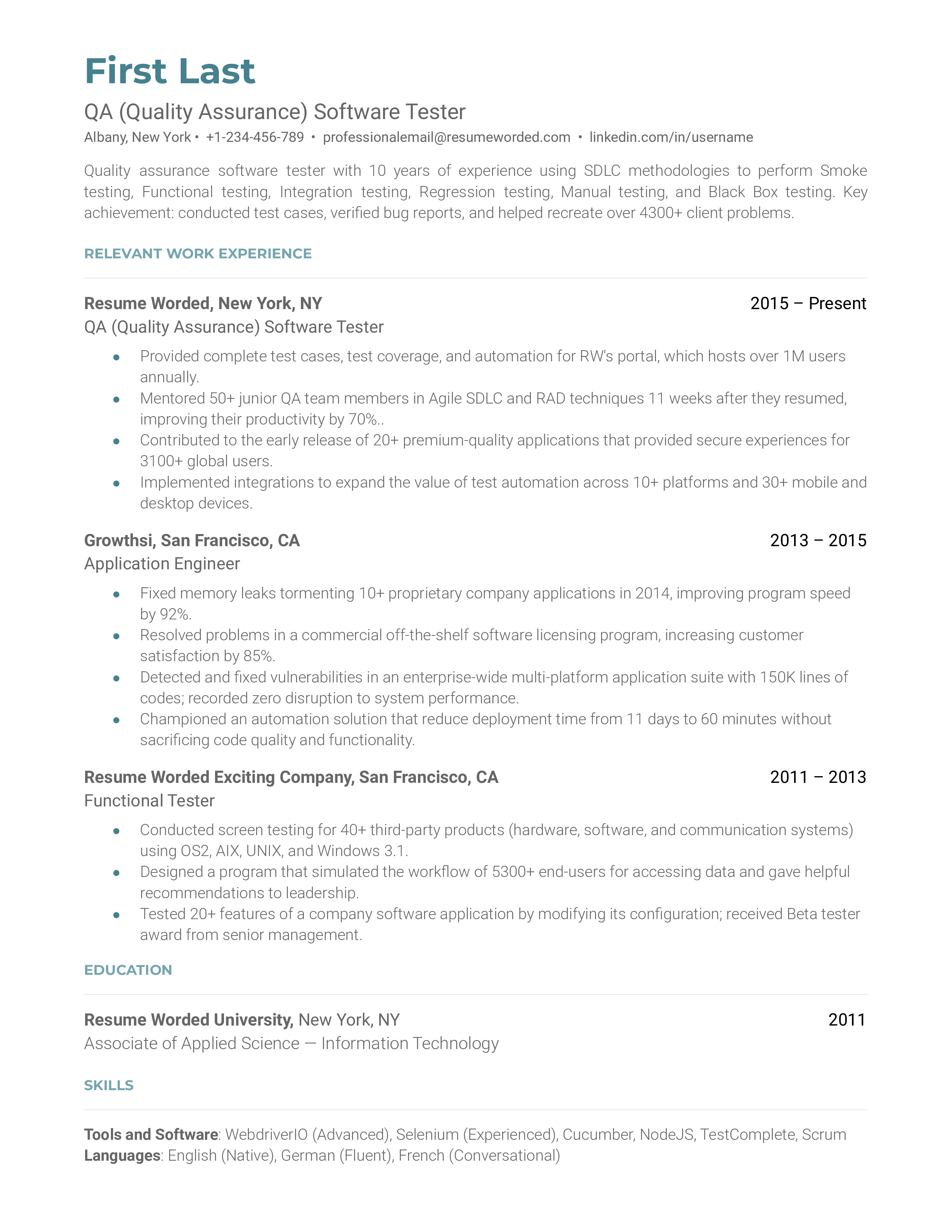 Quality Assurance Tester Resume Sample