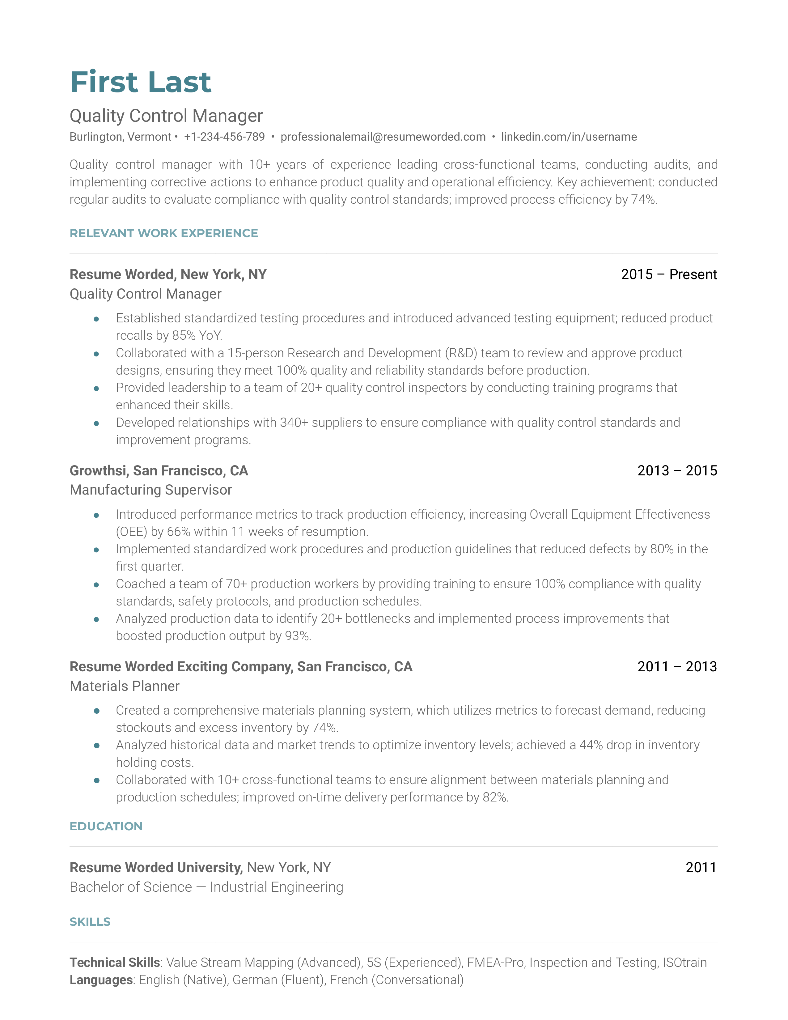 Quality Control Manager Resume Sample