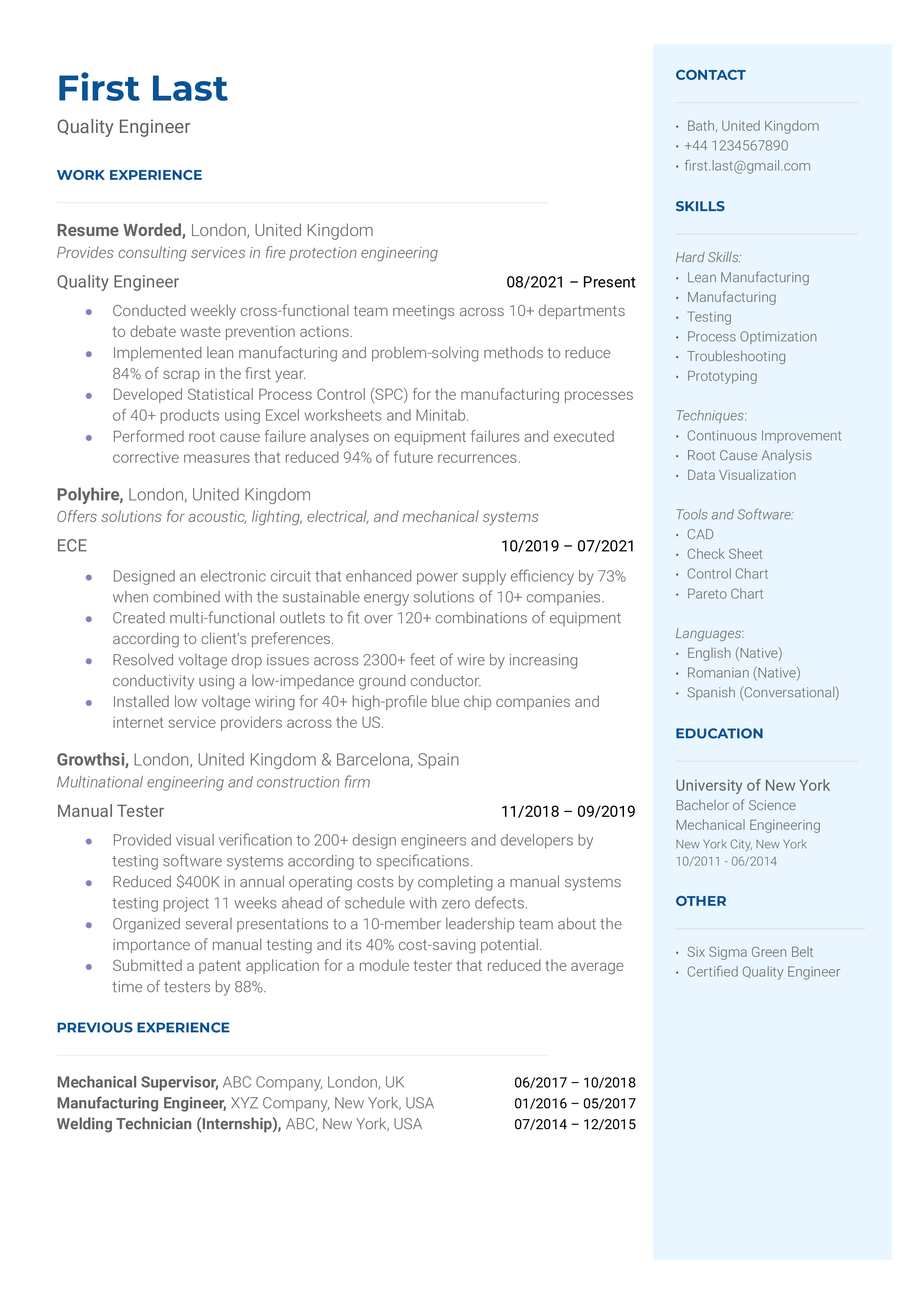 Quality Engineer Resume Sample