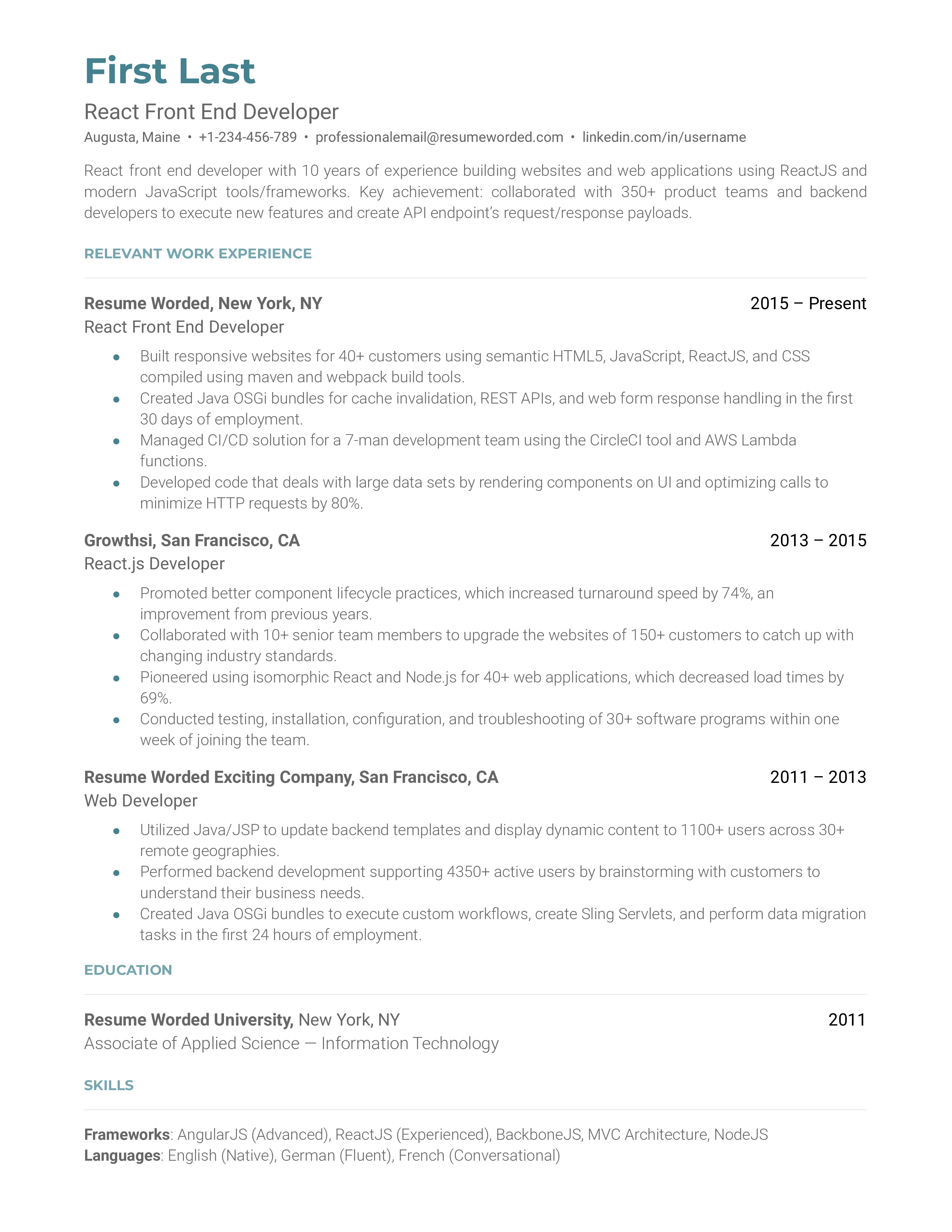 React Front End Developer Resume Sample