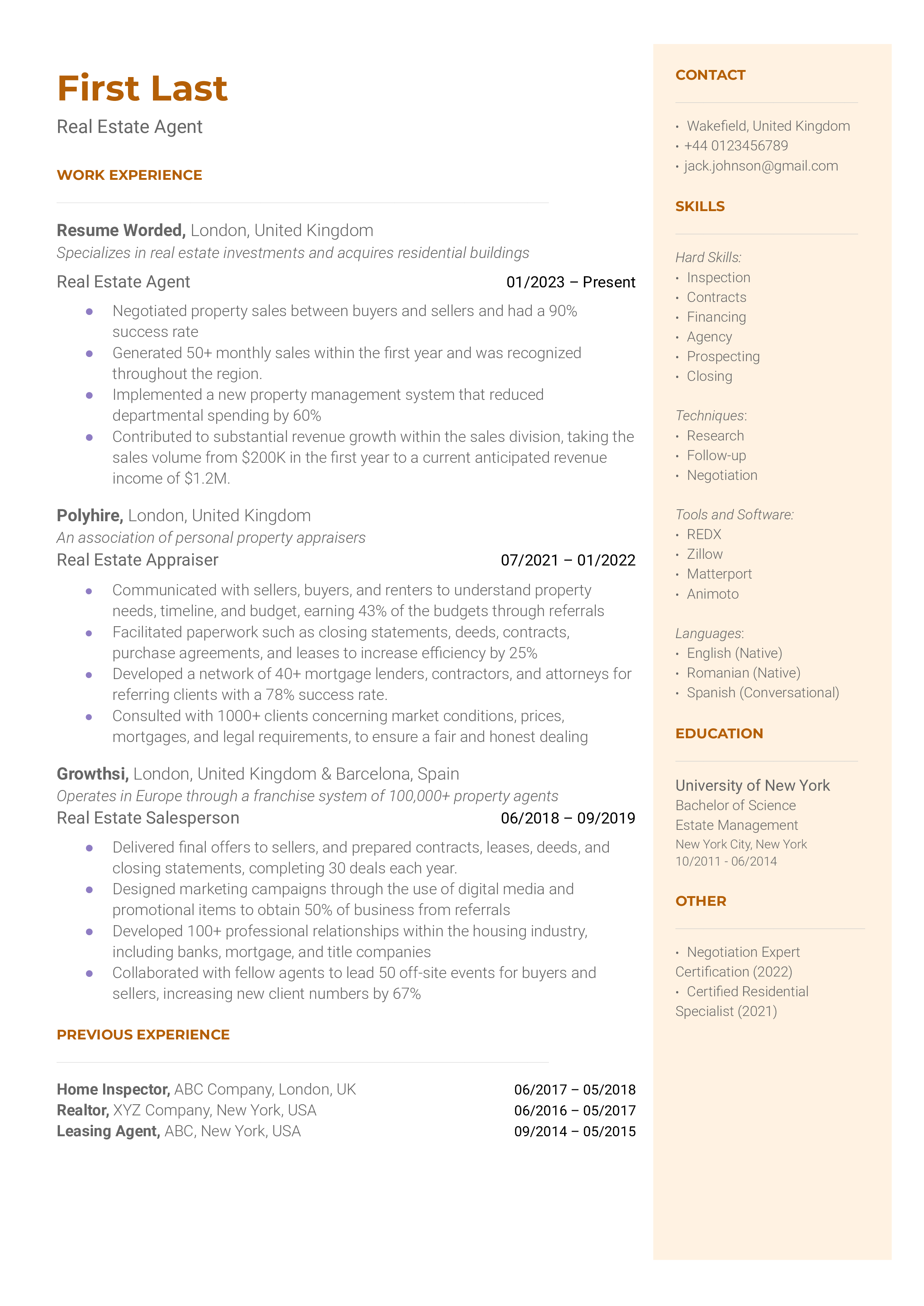 Real Estate Agent Resume Sample