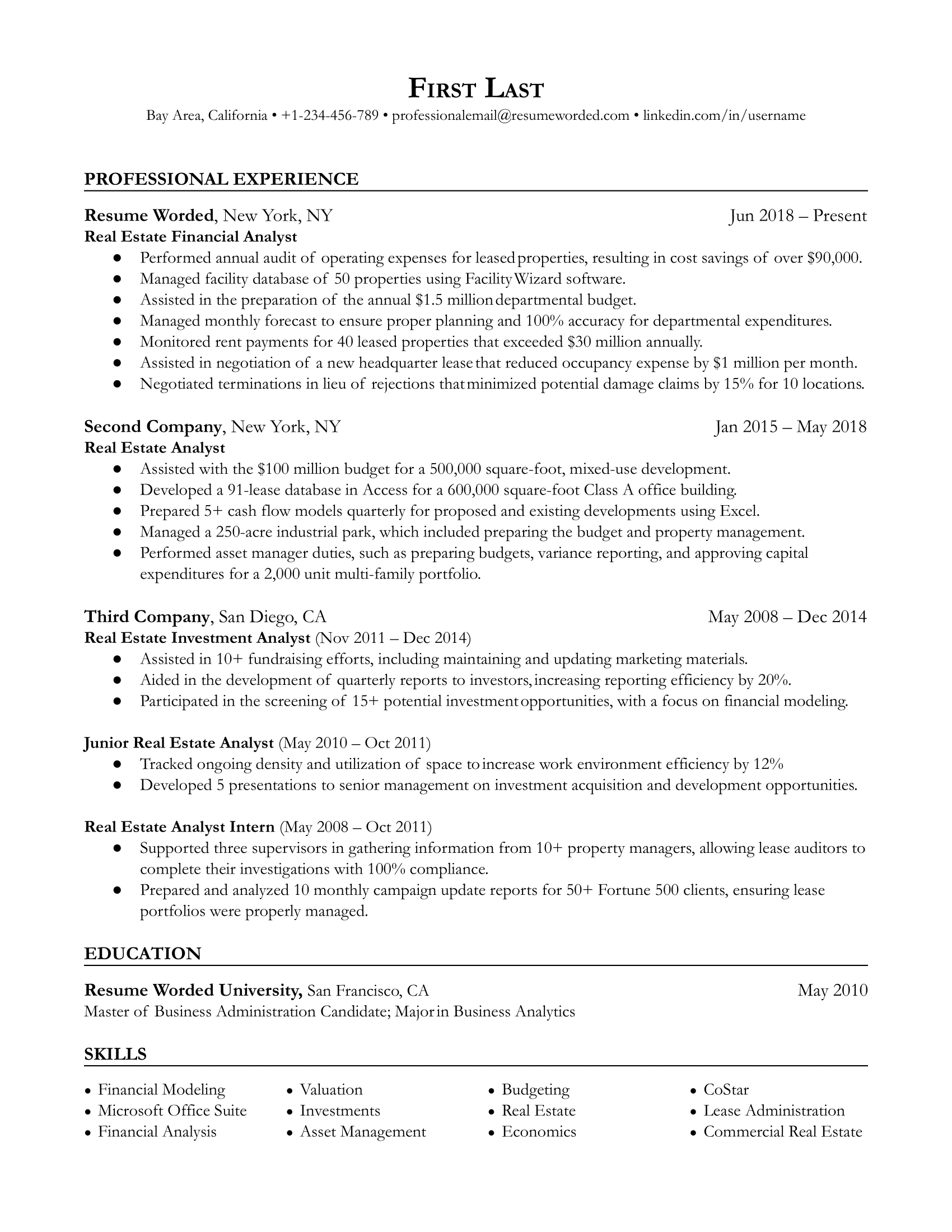Real Estate Financial Analyst Resume Sample