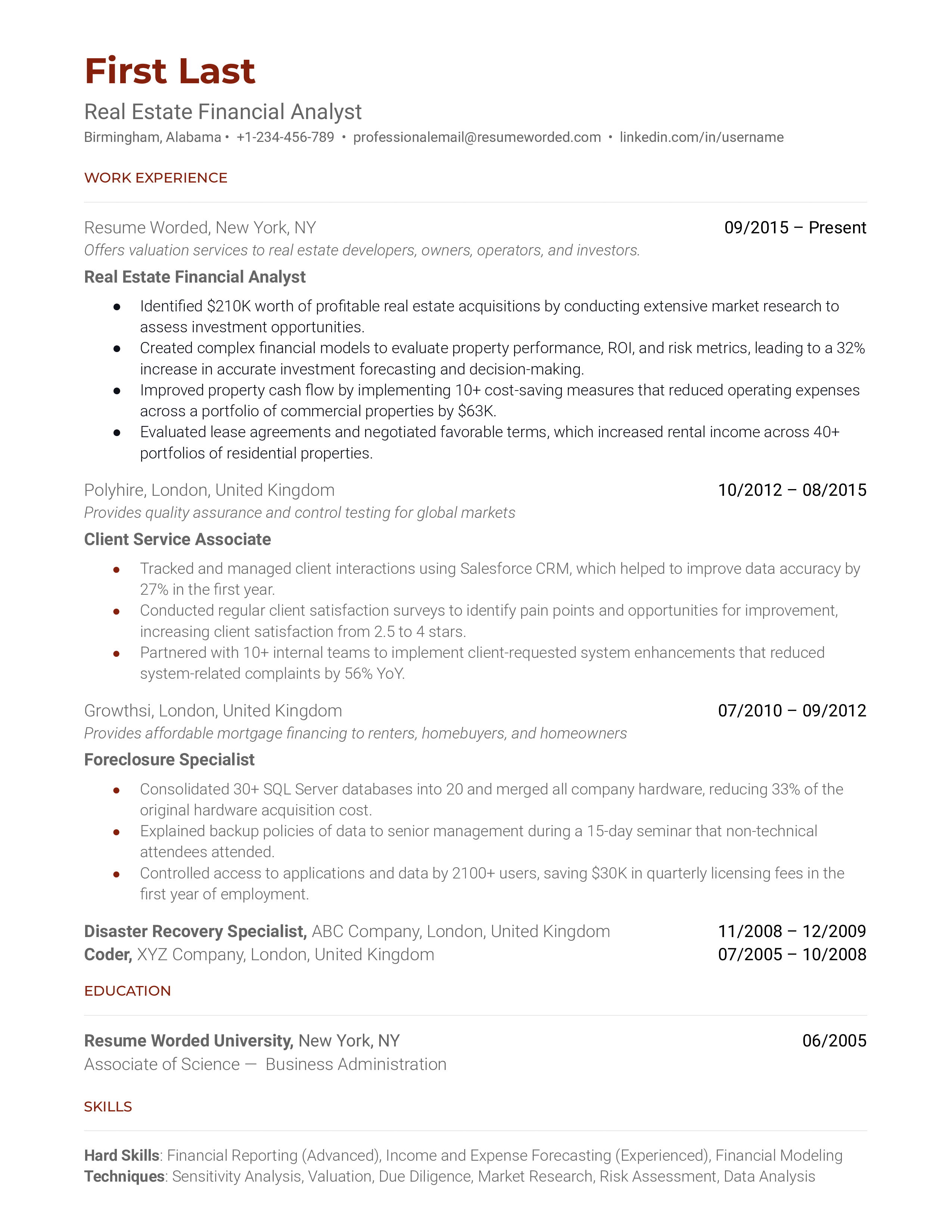 Real Estate Financial Analyst Resume Sample