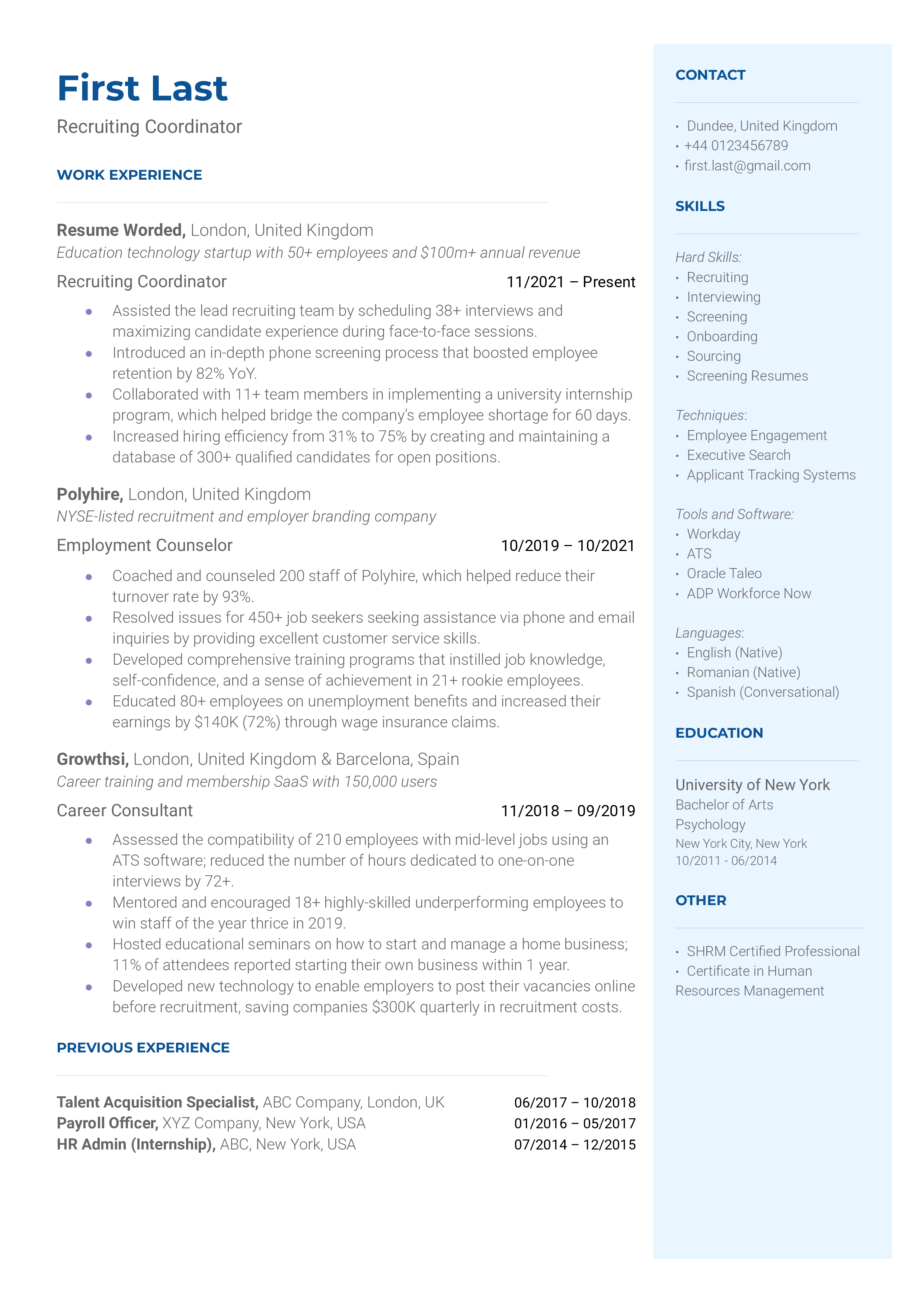 Recruiting Coordinator Resume Sample