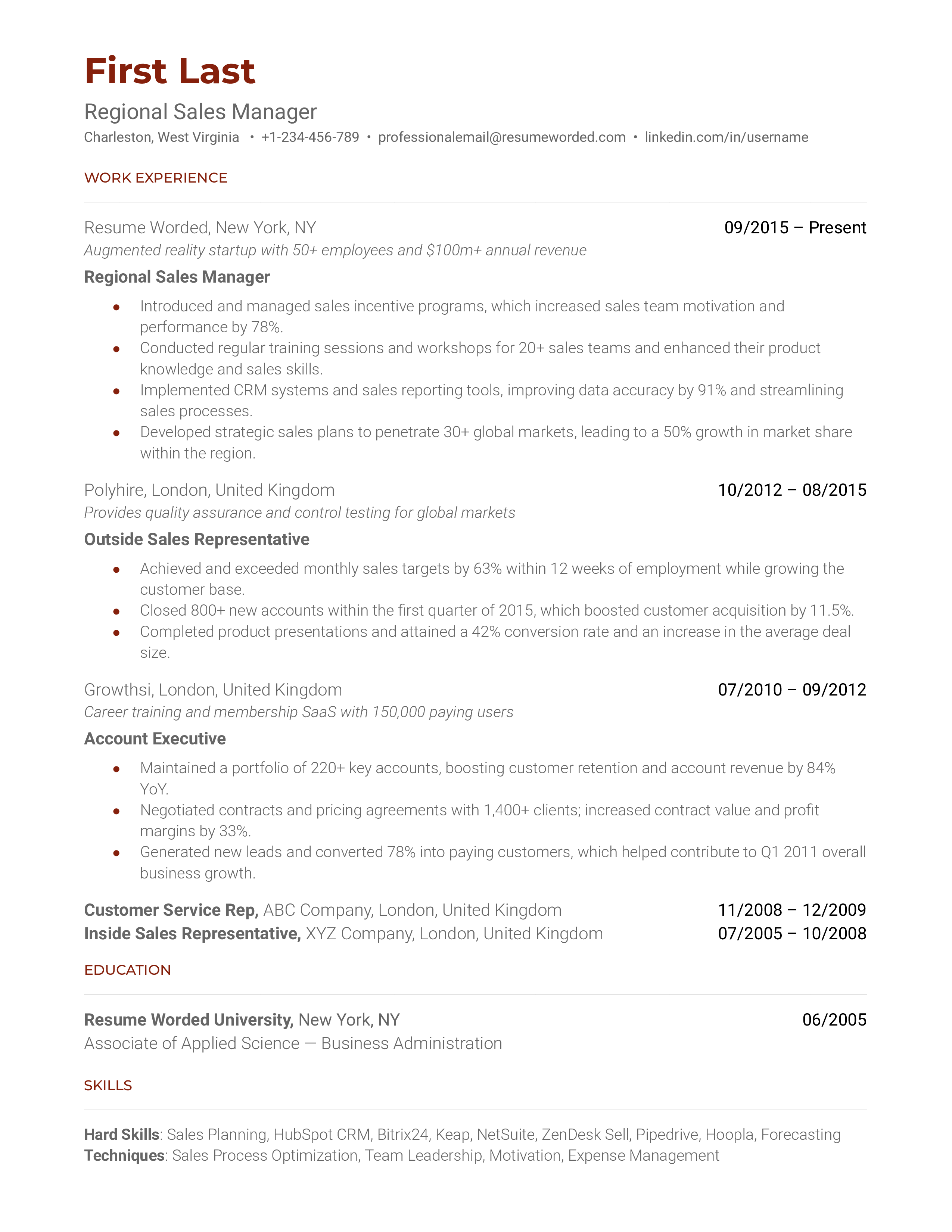 Regional Sales Manager Resume Sample