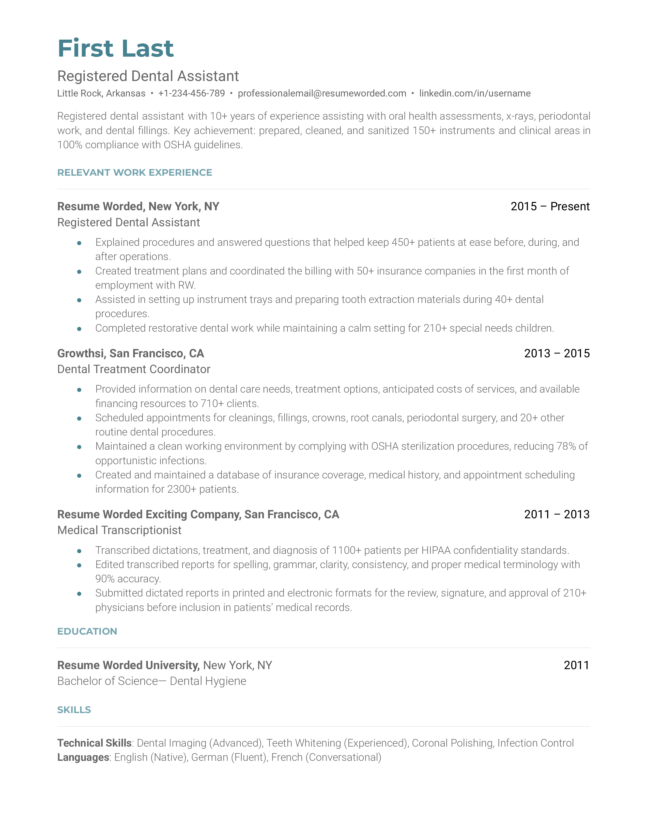 Registered Dental Assistant Resume Sample
