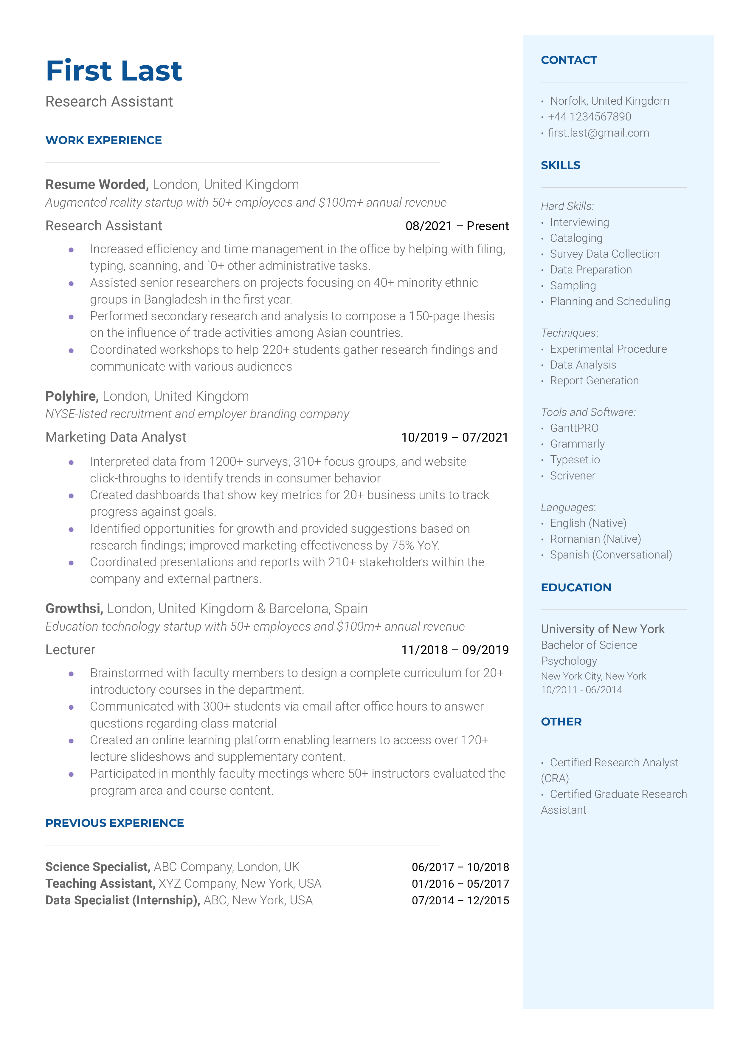 Research Assistant Resume Sample