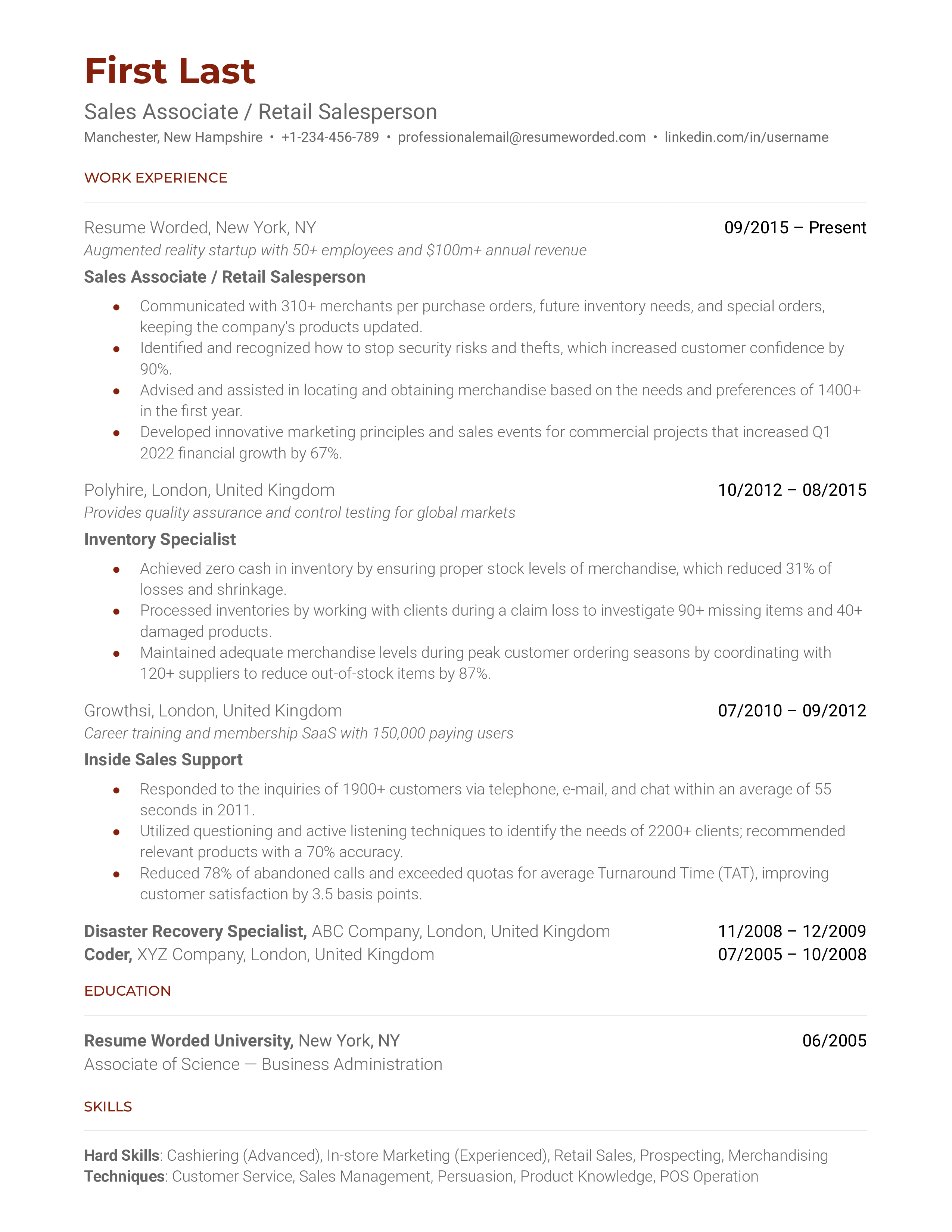 Sales Associate / Retail Salesperson Resume Sample
