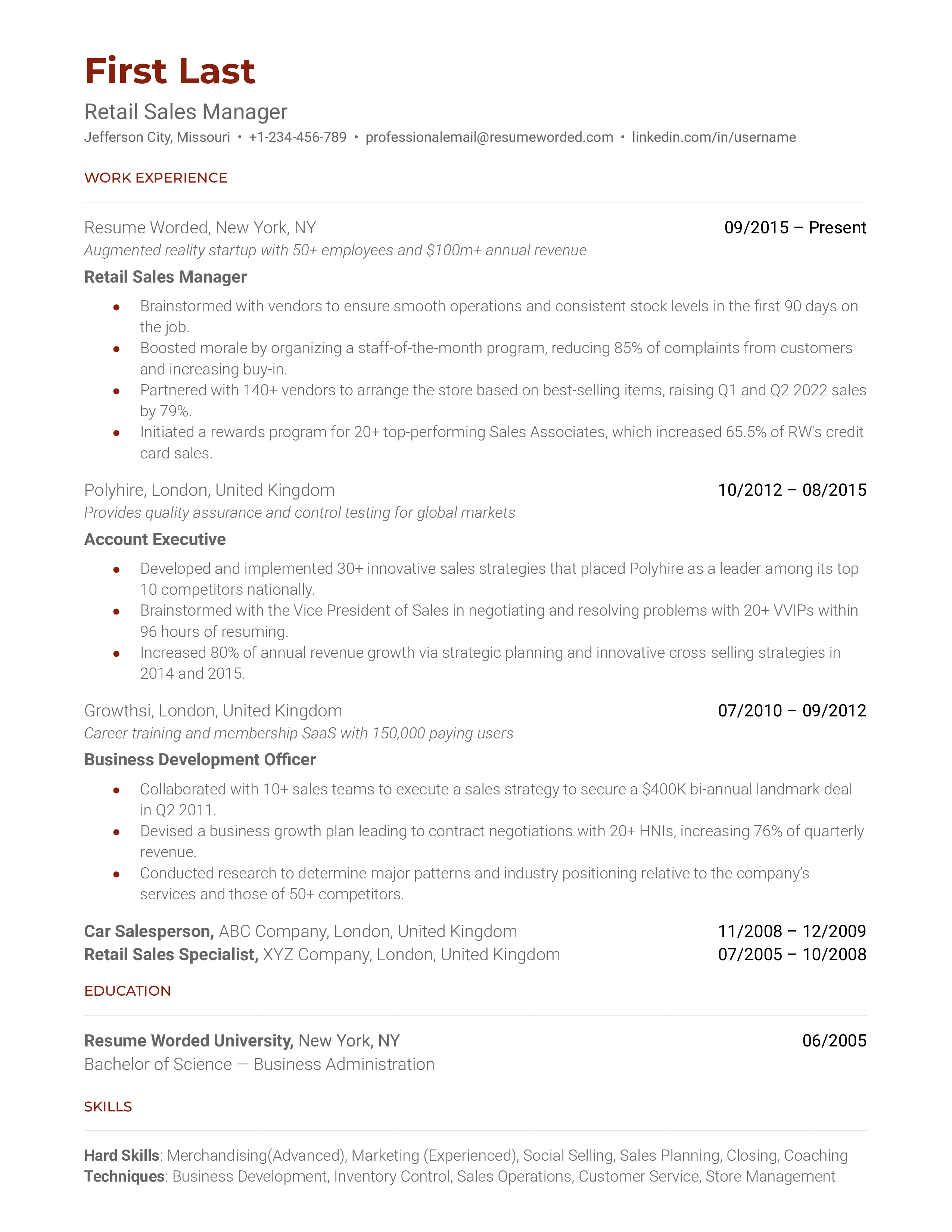 Retail Sales Manager Resume Sample