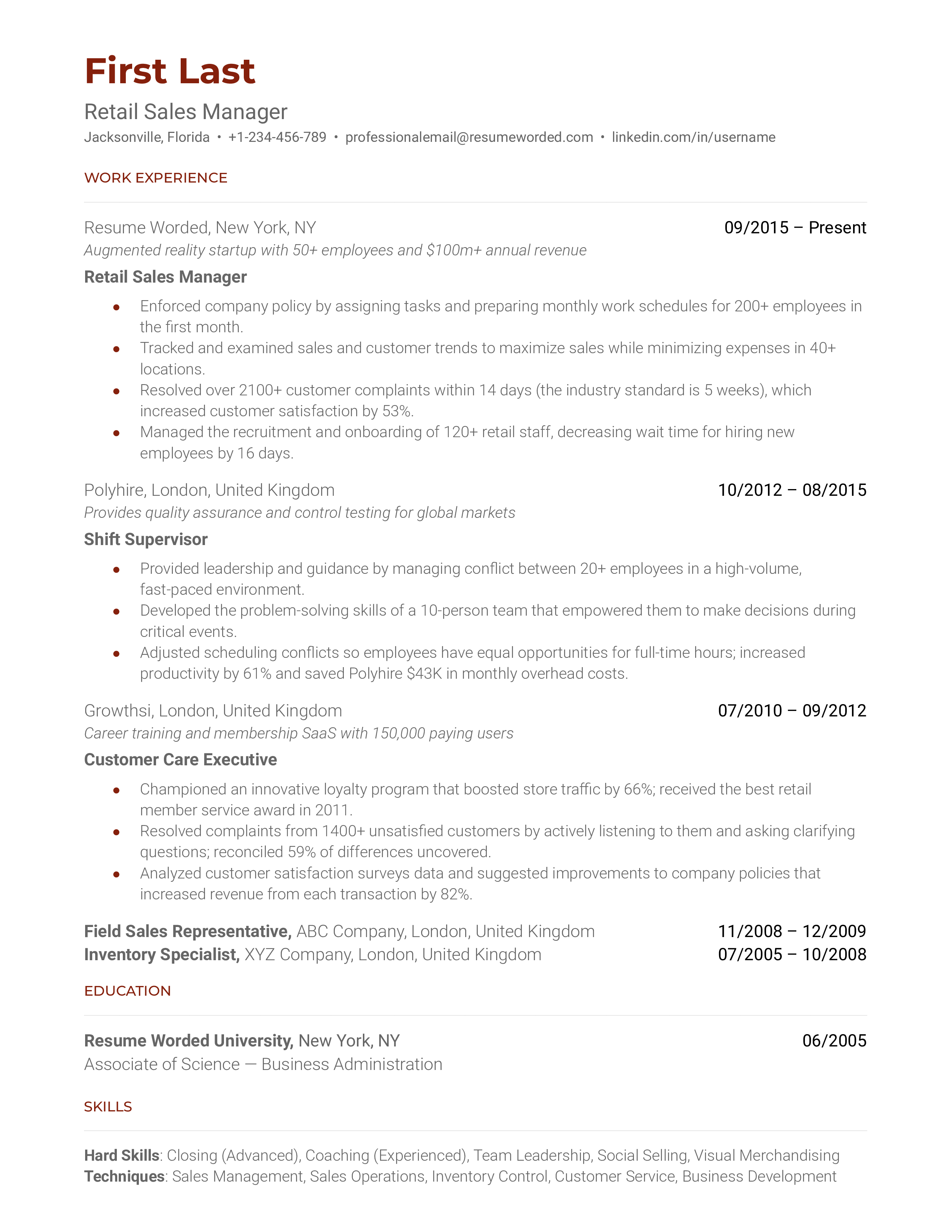 Retail Sales Manager Resume Sample