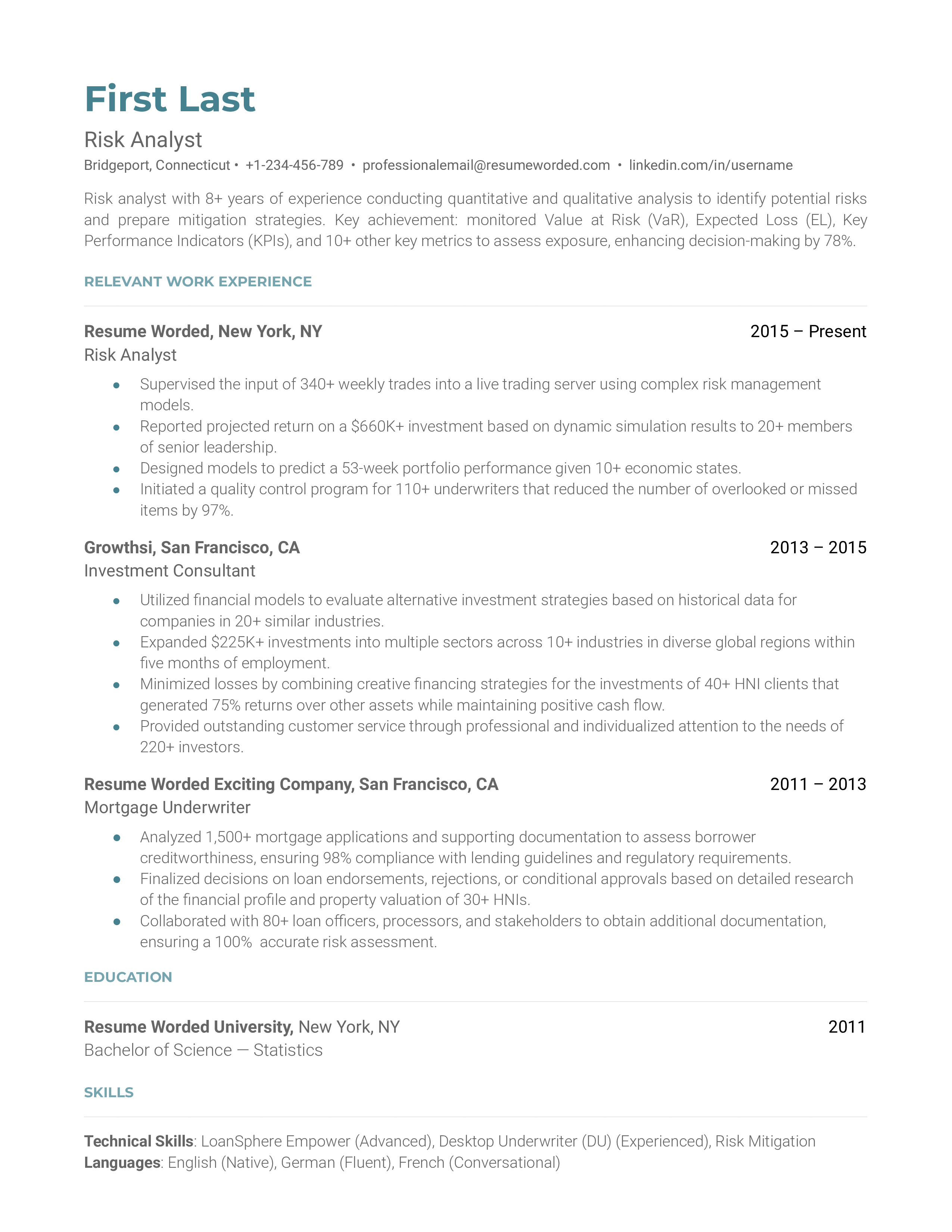 Risk Analyst Resume Sample