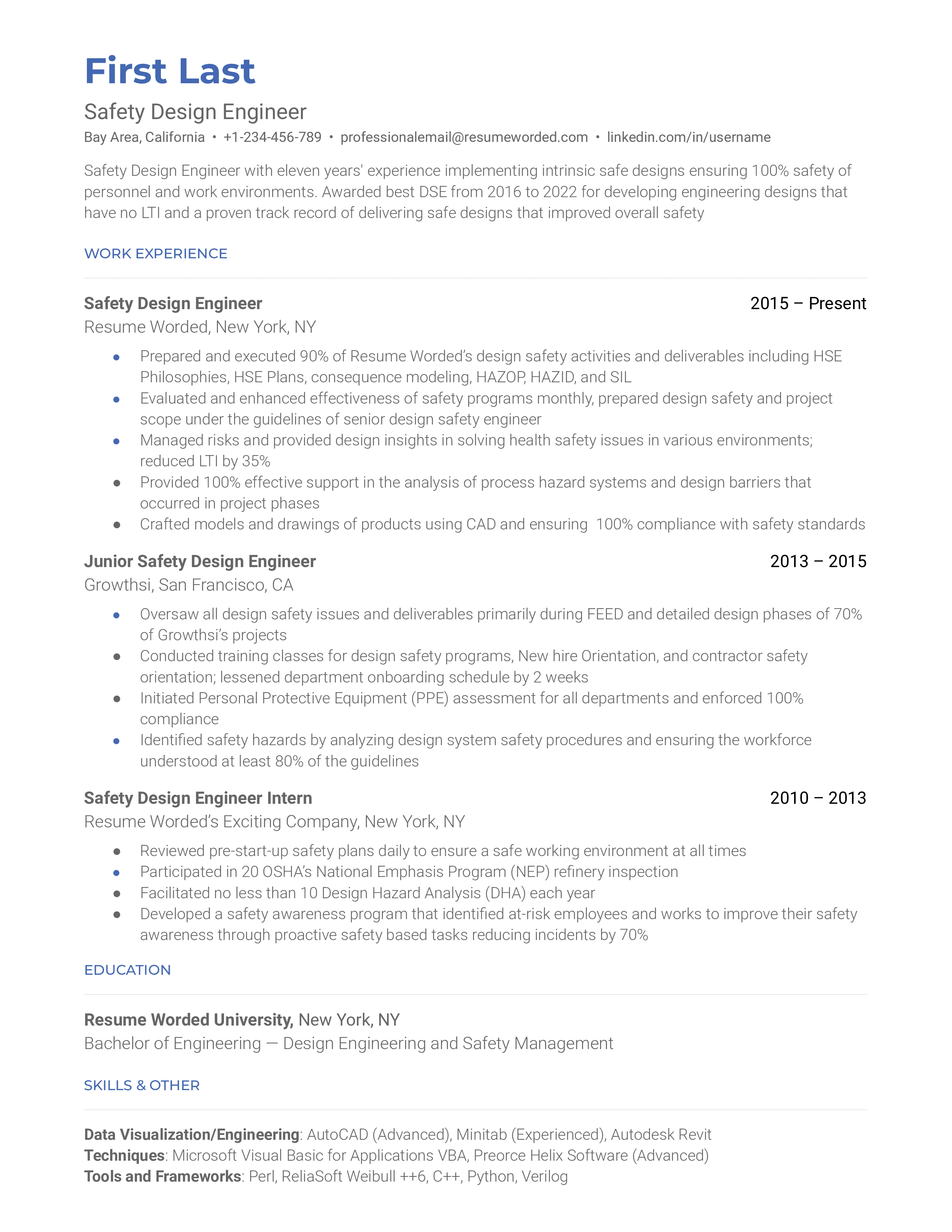 Safety Design Engineer  Resume Sample