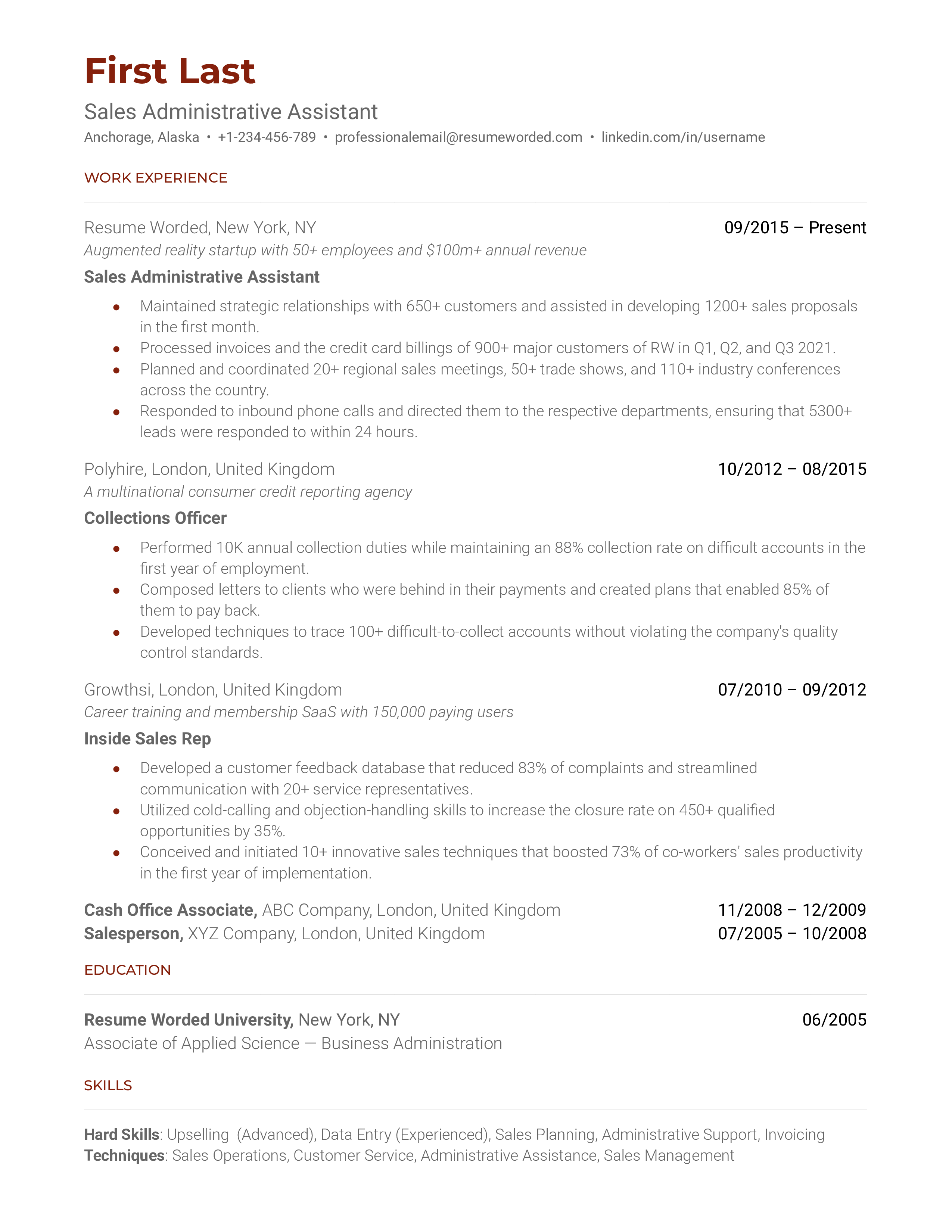 Sales Administrative Assistant Resume Sample
