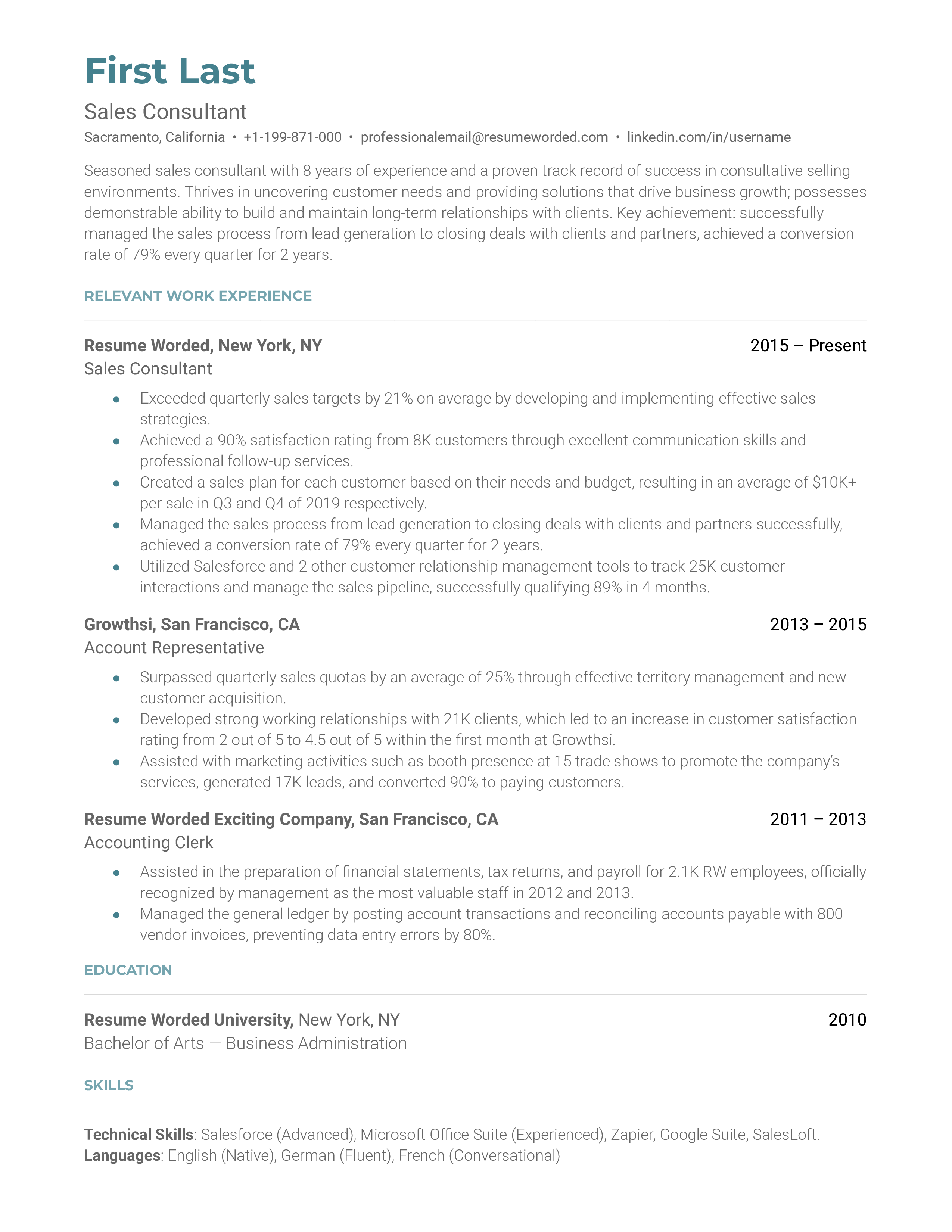 Sales Consultant Resume Sample A sales consultant resume template that includes a description and relevant work experience.