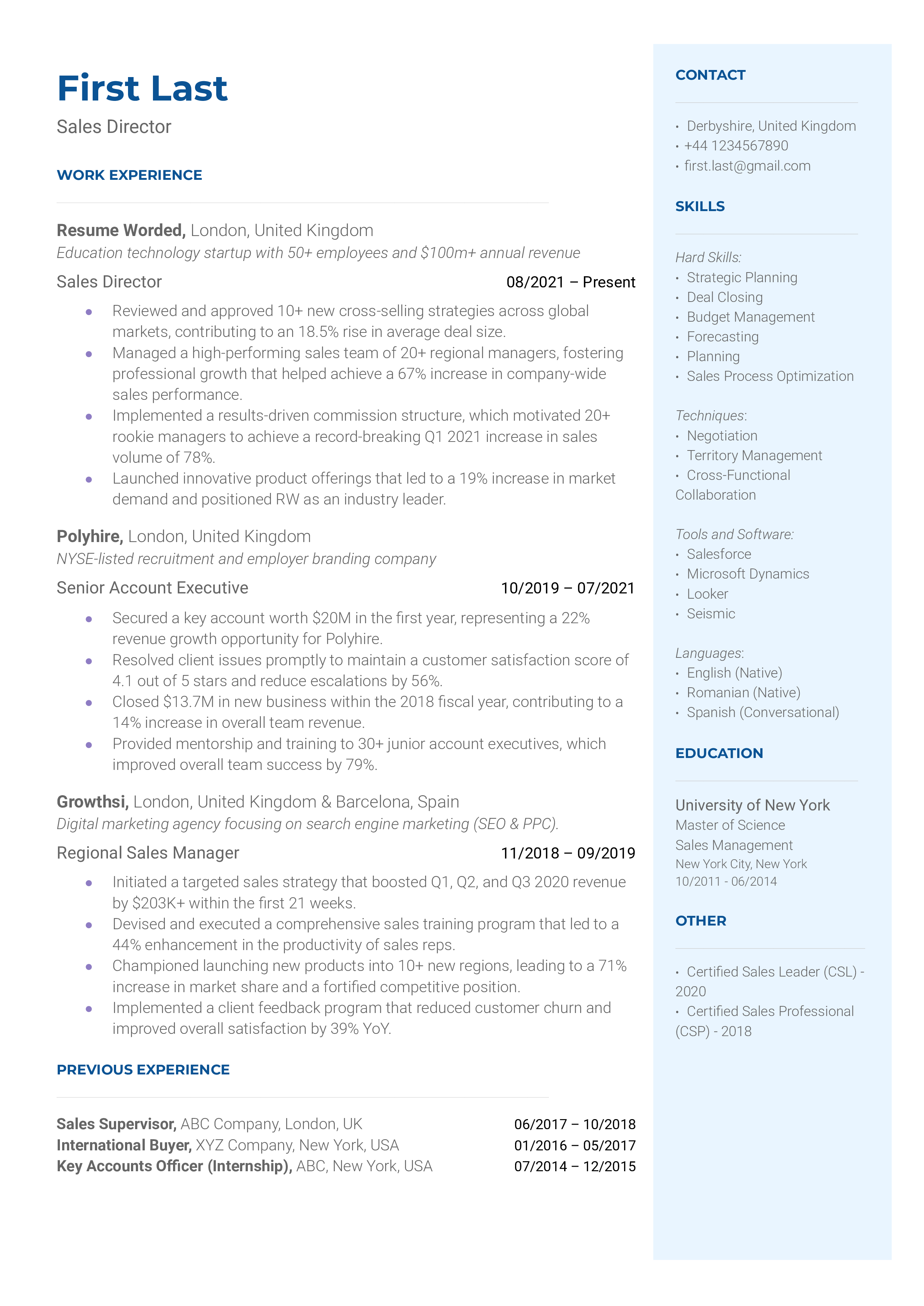 Sales Director Resume Sample