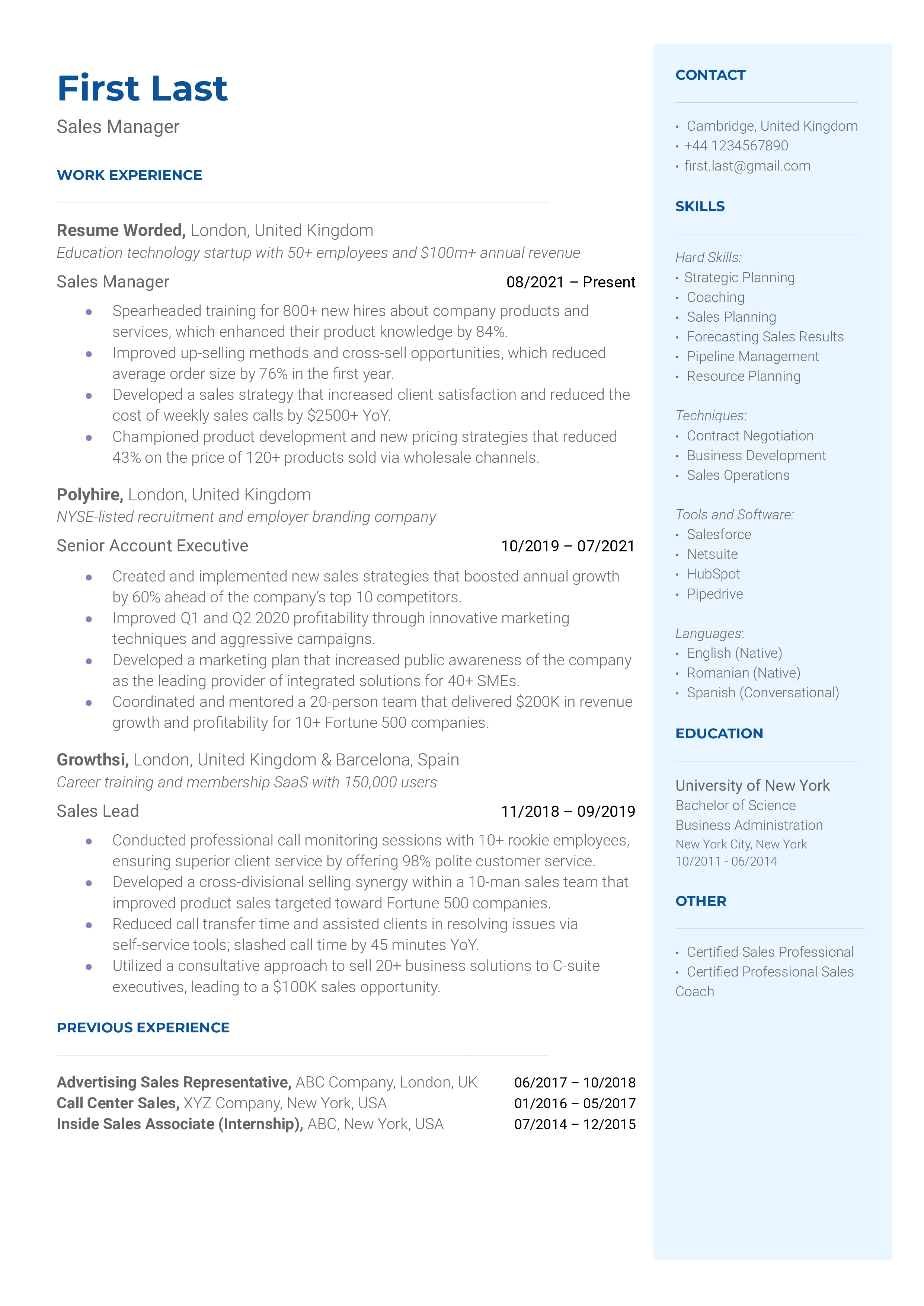 Sales Manager Resume Sample