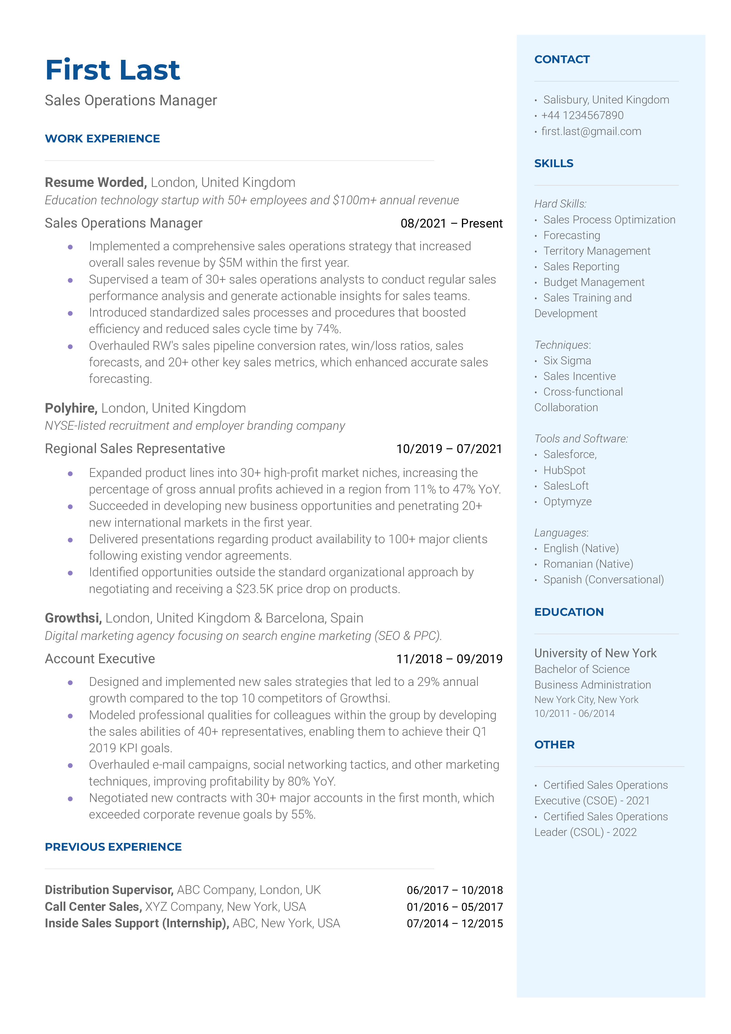 Sales Operations Manager Resume Sample