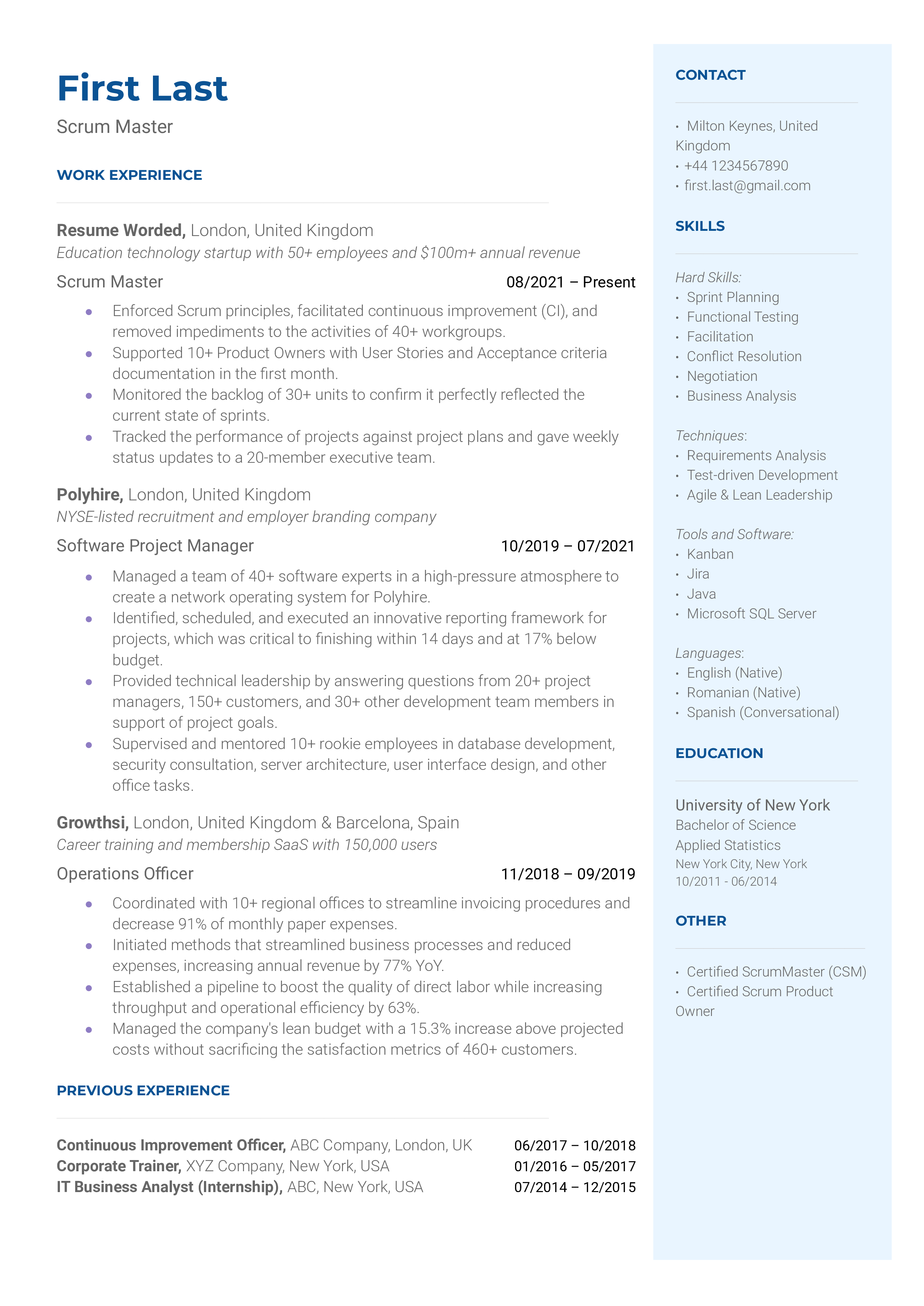 Scrum Master Resume Sample