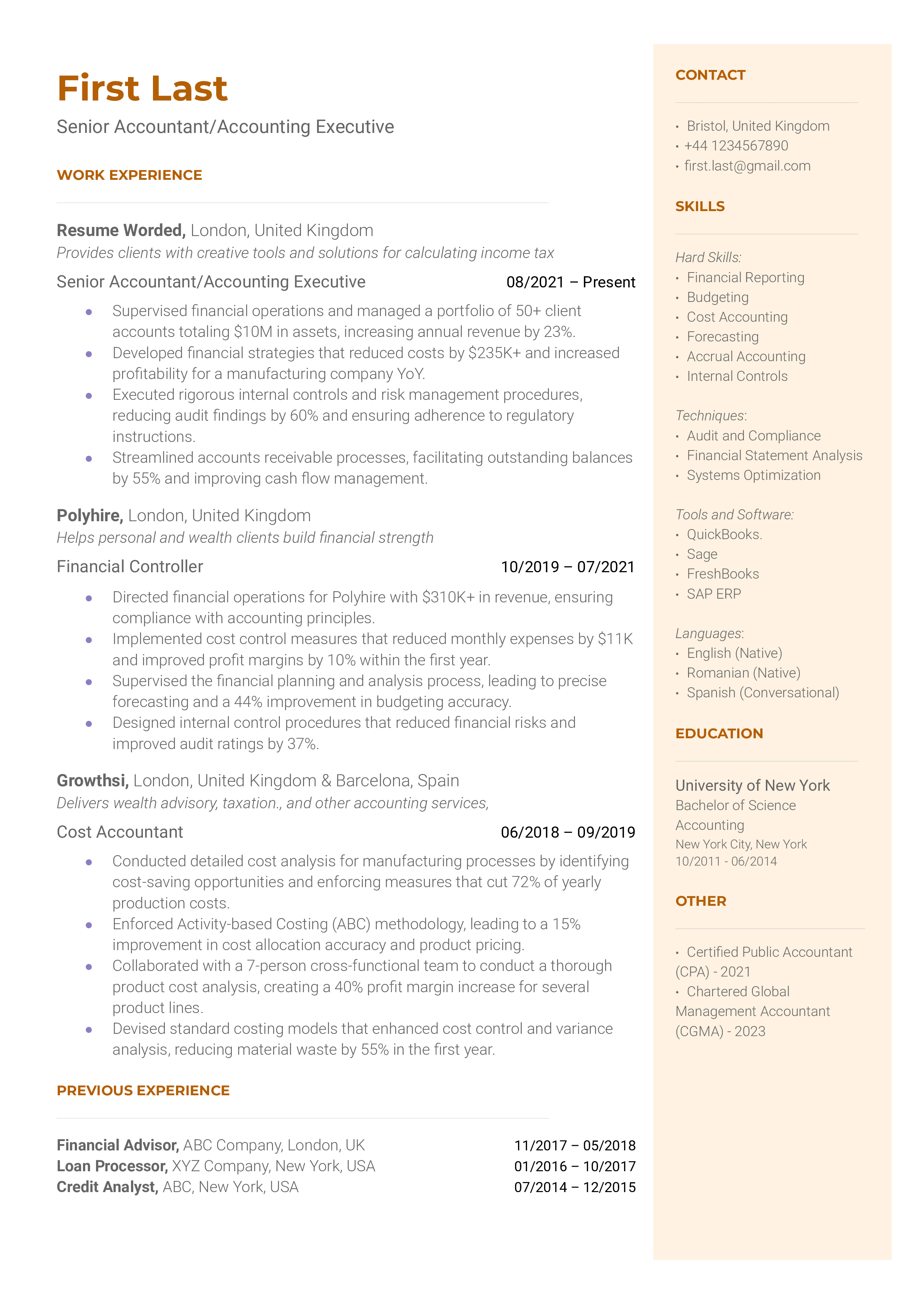 Senior Accountant / Accounting Executive Resume Sample