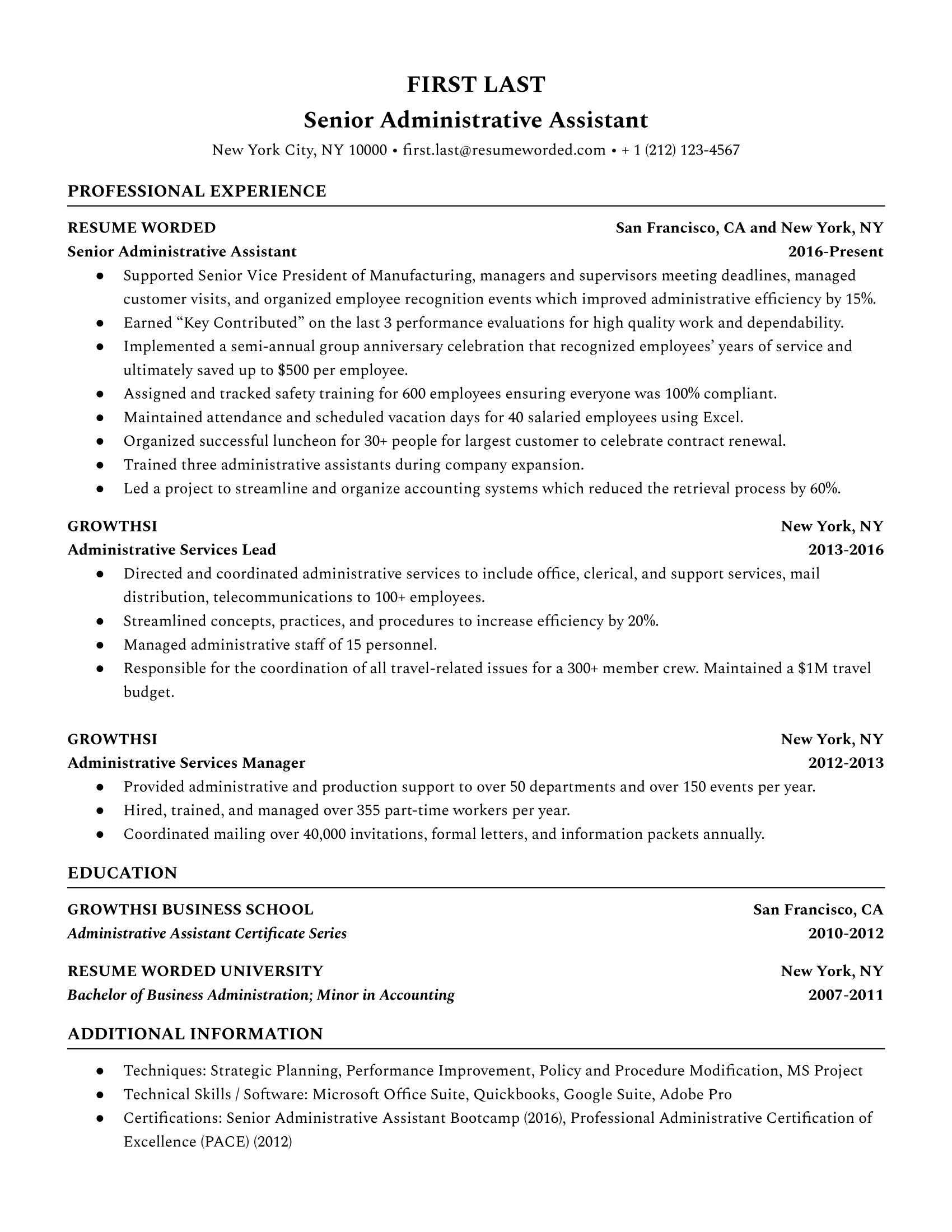 Senior Administrative Assistant Resume Sample A senior administrative assistant resume template with strong examples of supporting higher management, training and overseeing employees, and relevant skills.