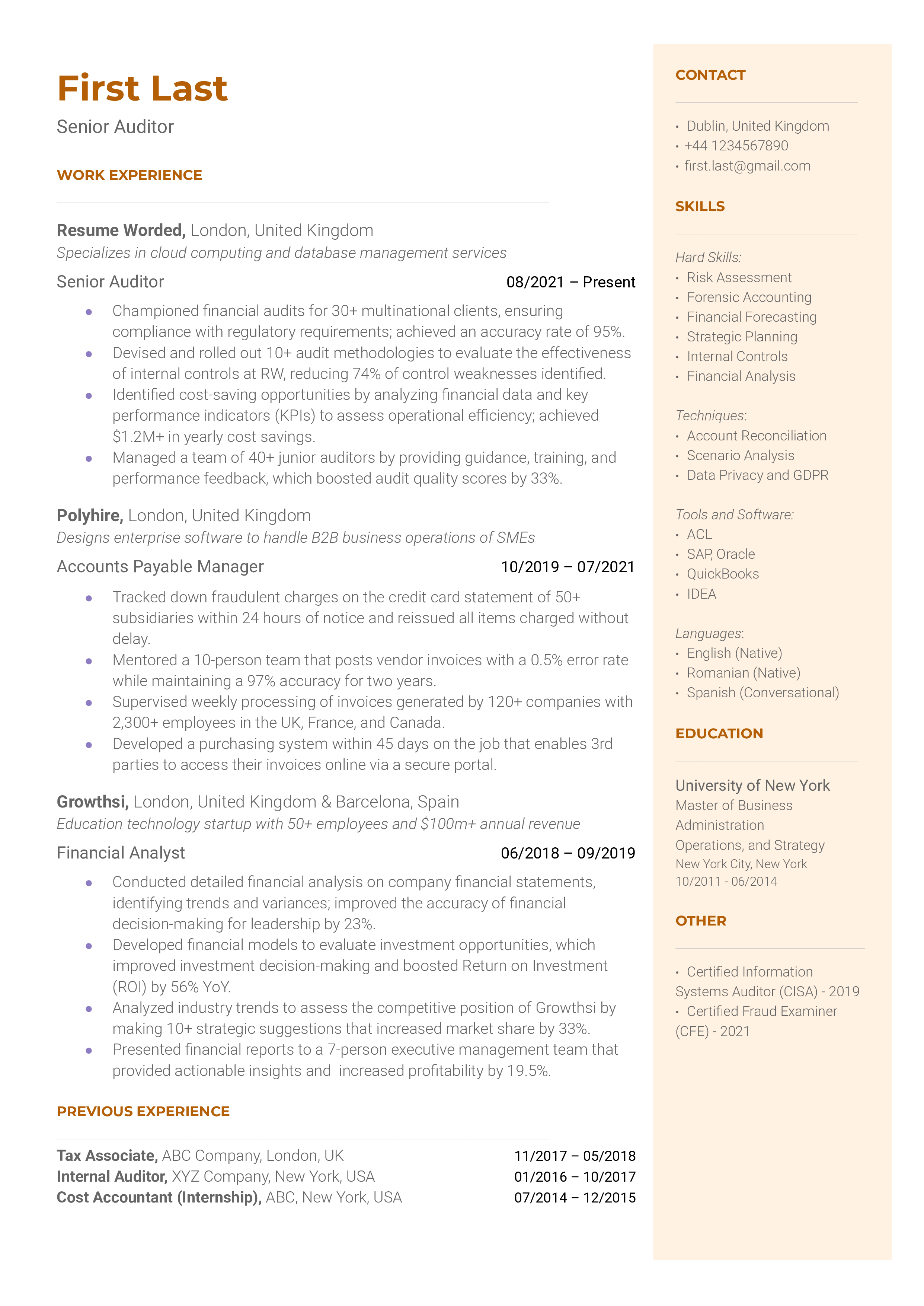 Senior Auditor Resume Sample
