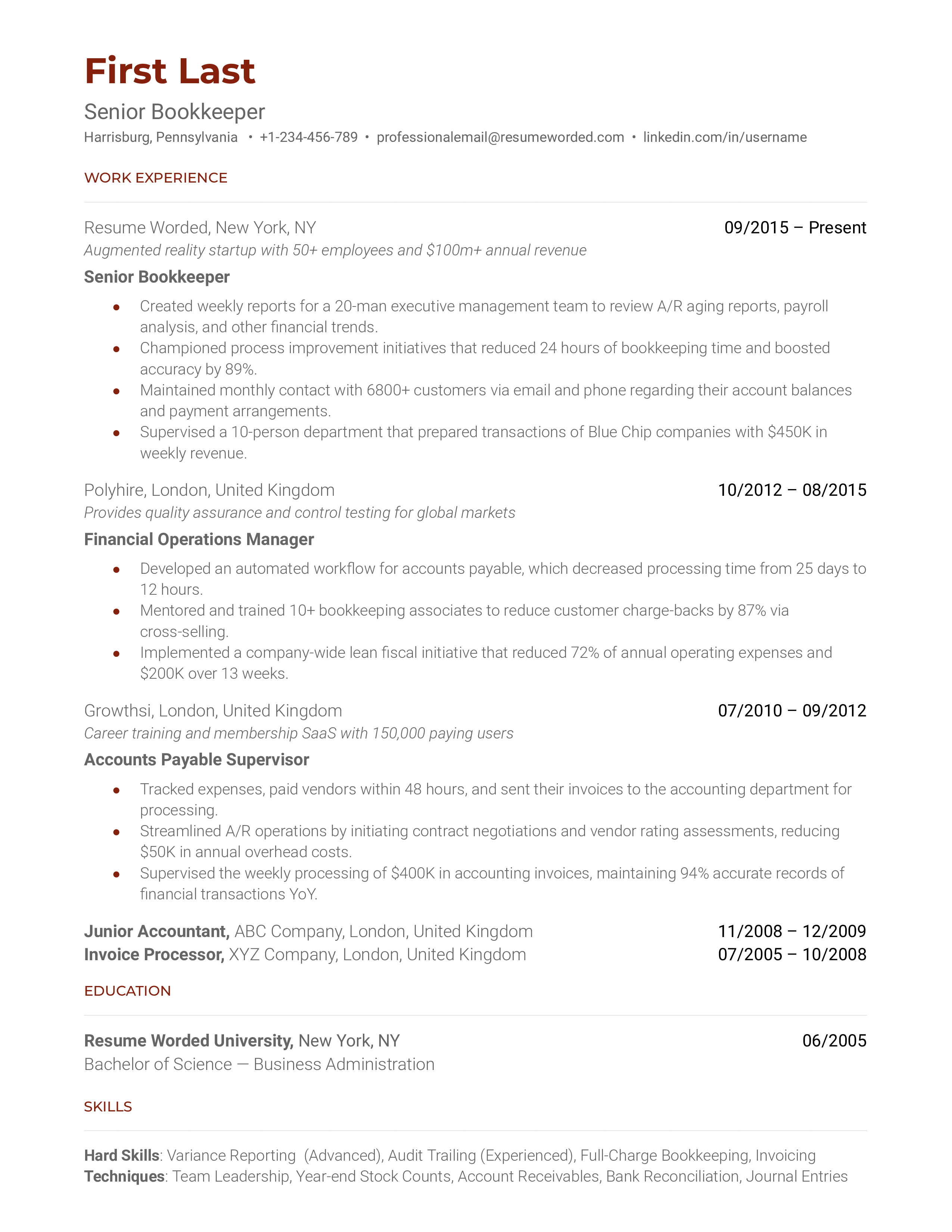 Senior Bookkeeper Resume Sample