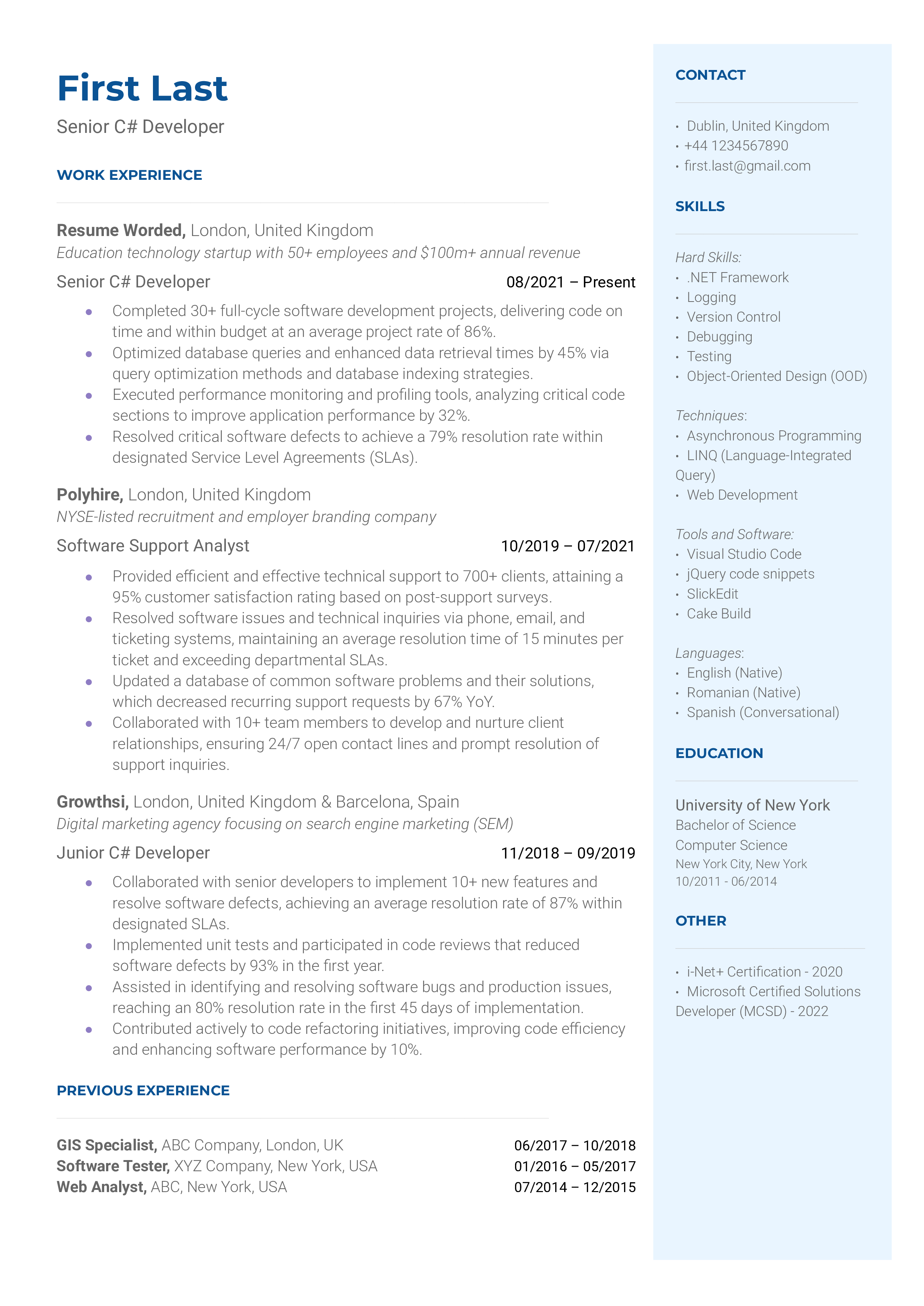 Senior C# Developer Resume Sample