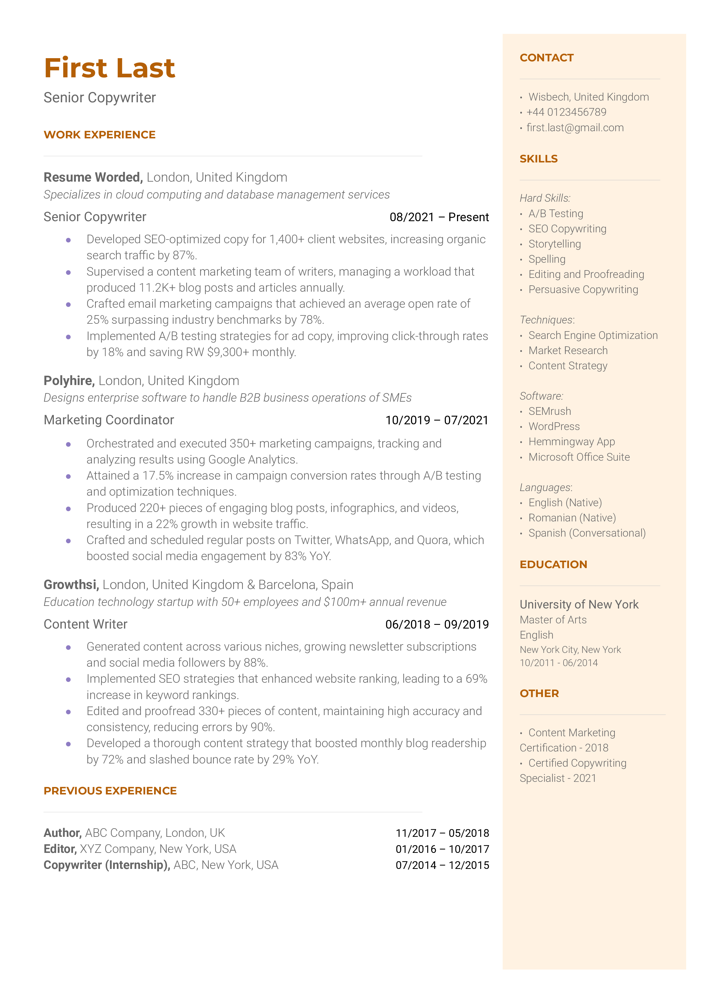 Senior Copywriter Resume Sample