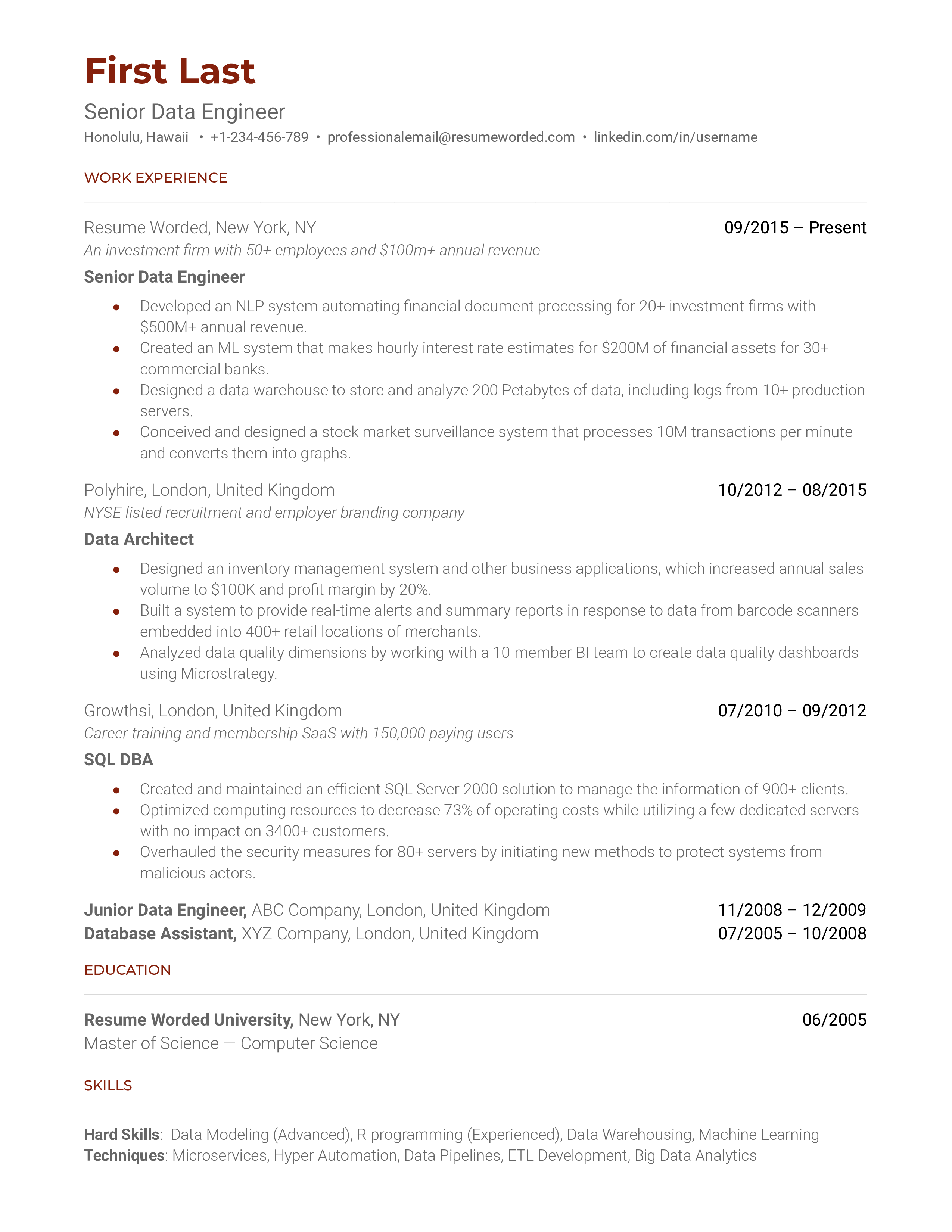 Senior Data Engineer Resume Sample
