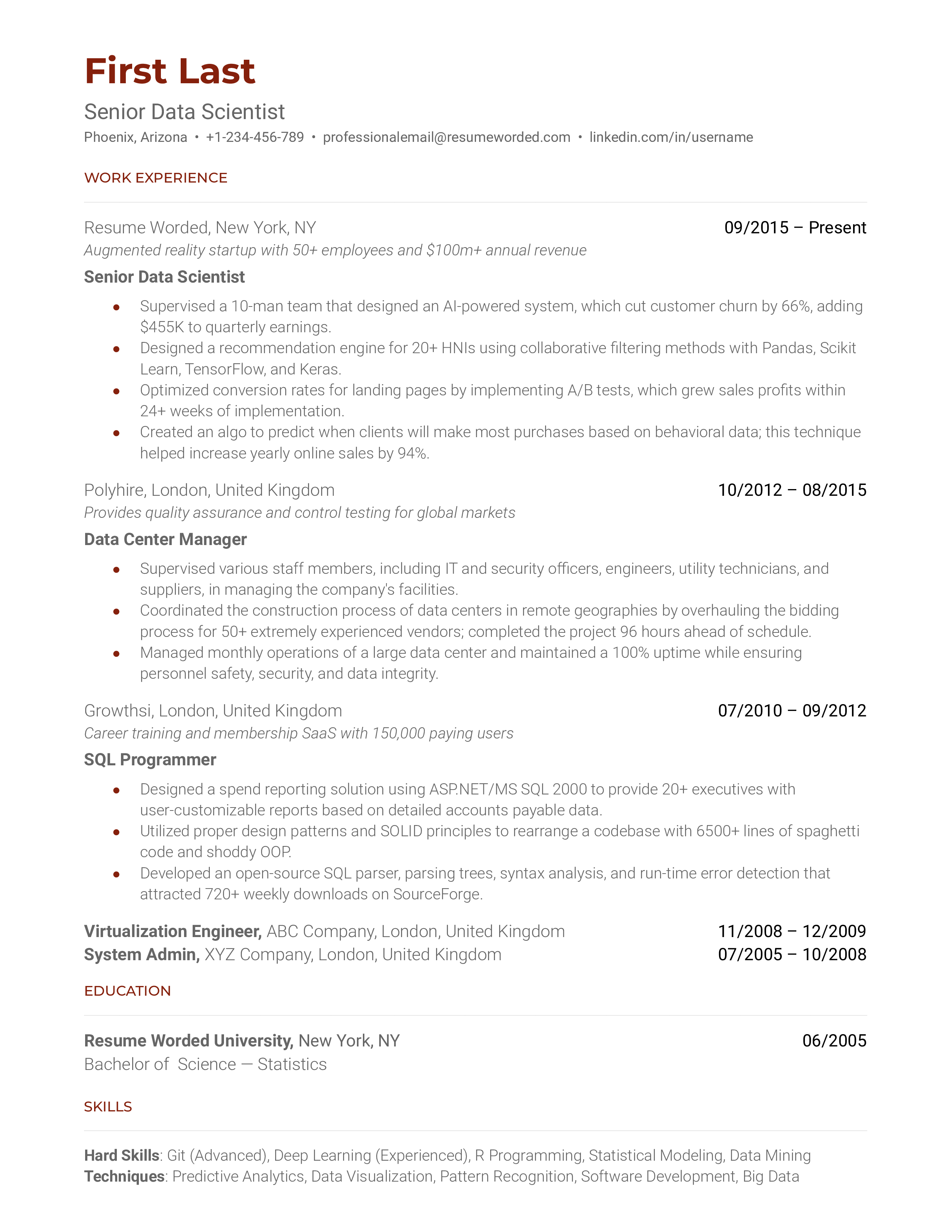 Senior Data Scientist Resume Sample