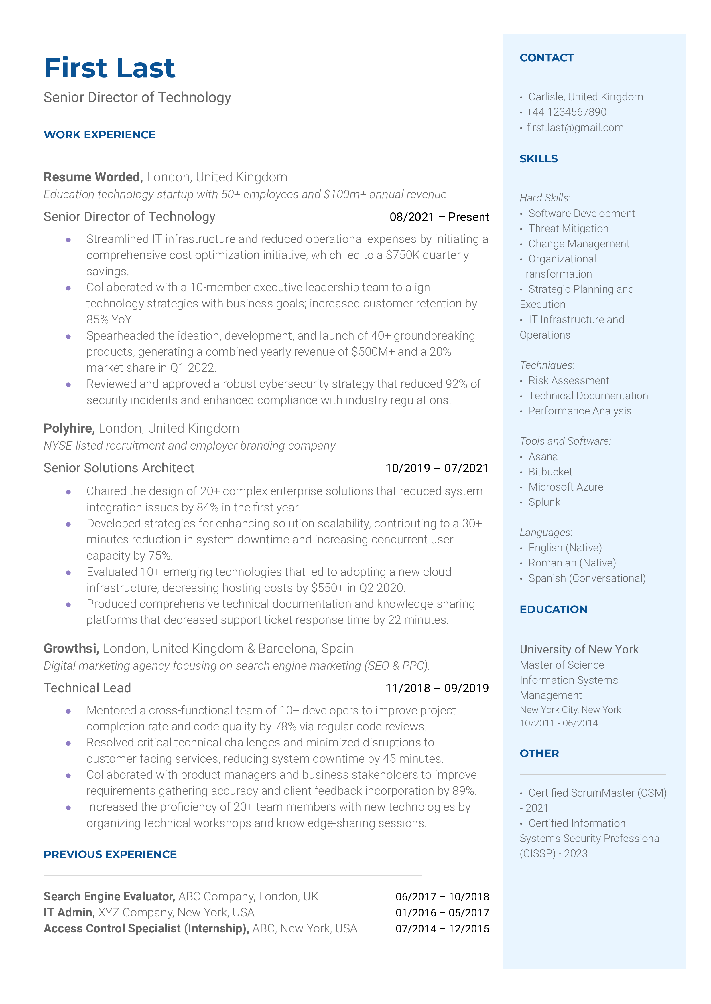 Senior Director of Technology Resume Sample