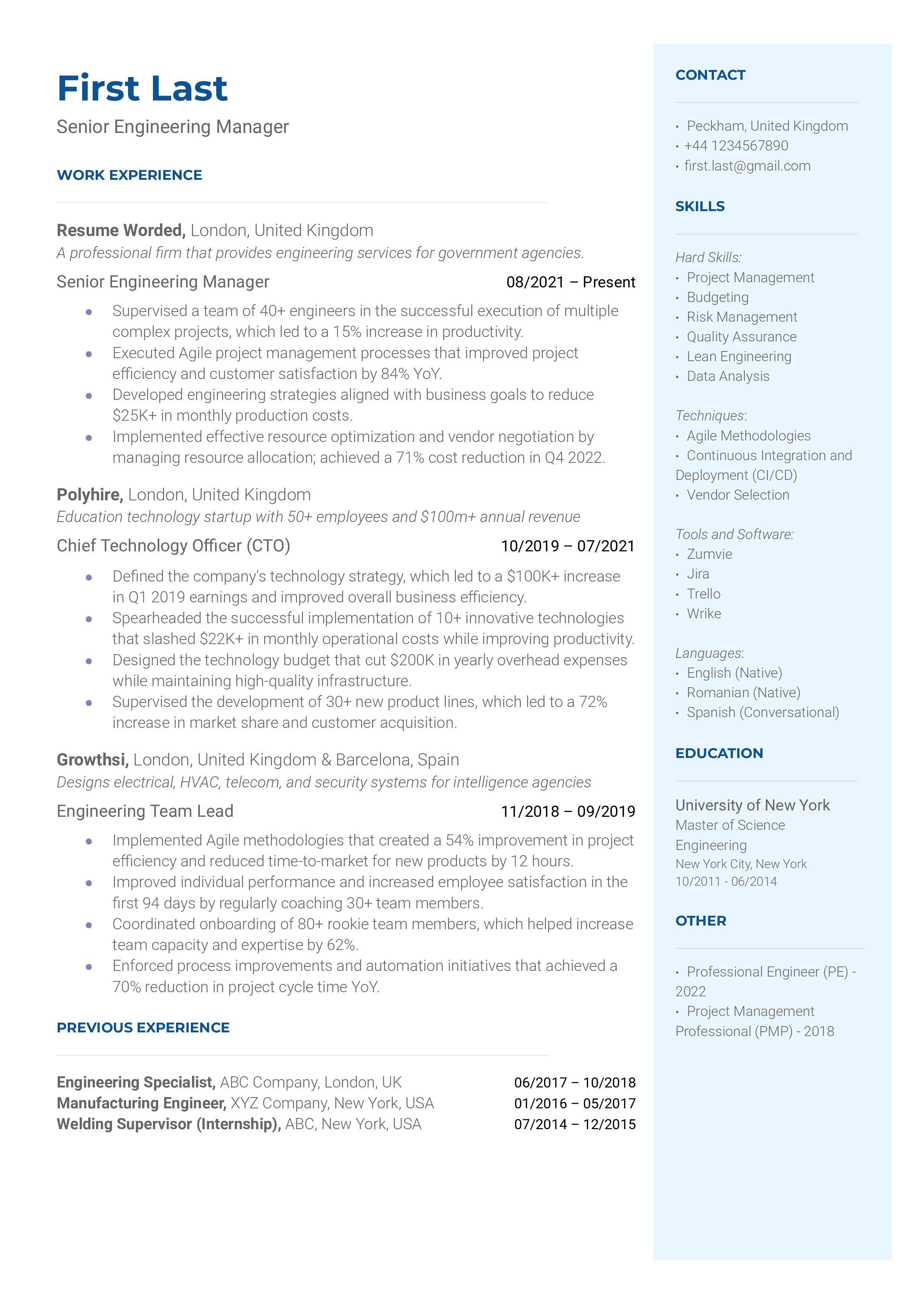 Senior Engineering Manager Resume Sample