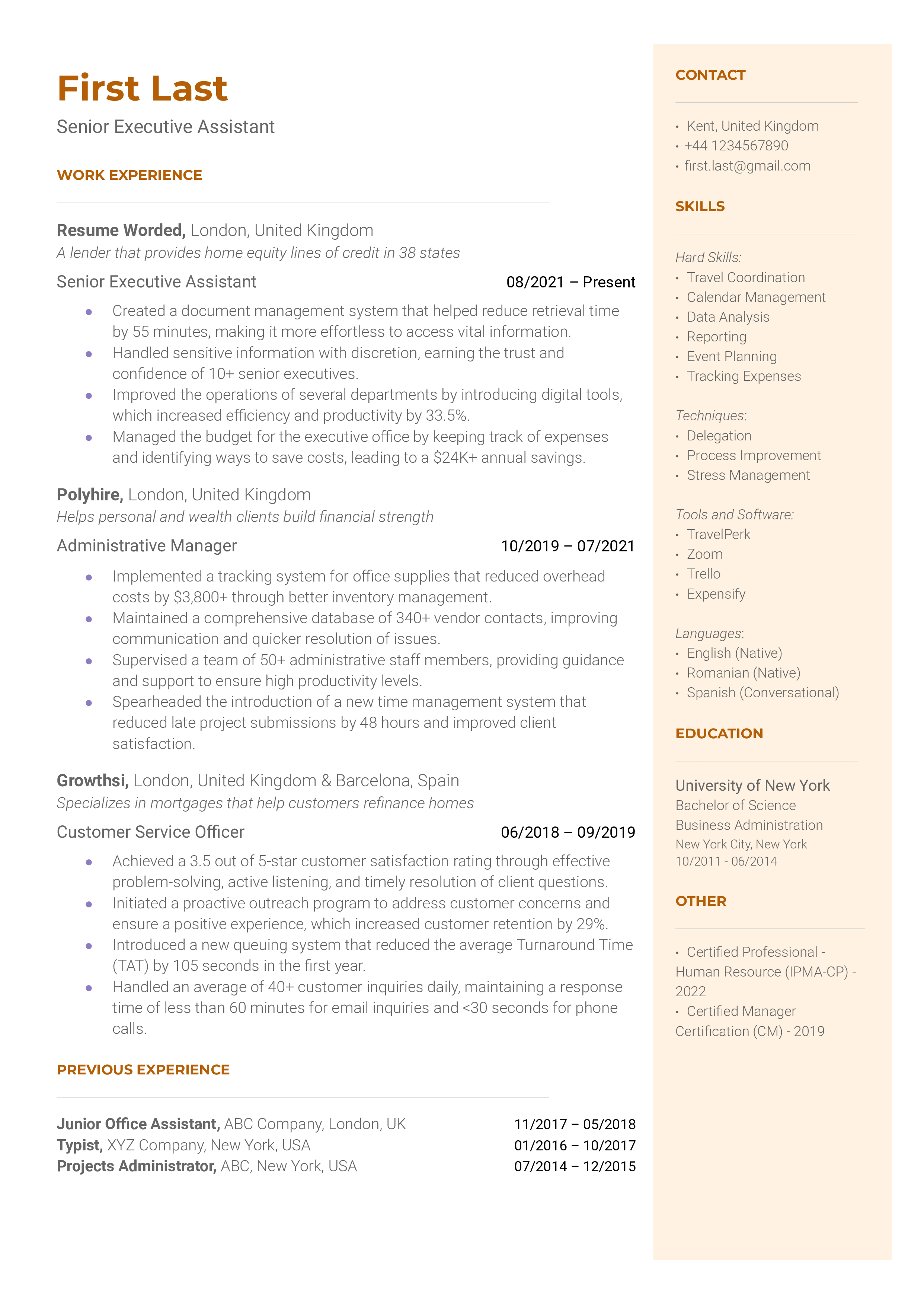 Senior Executive Assistant Resume Sample