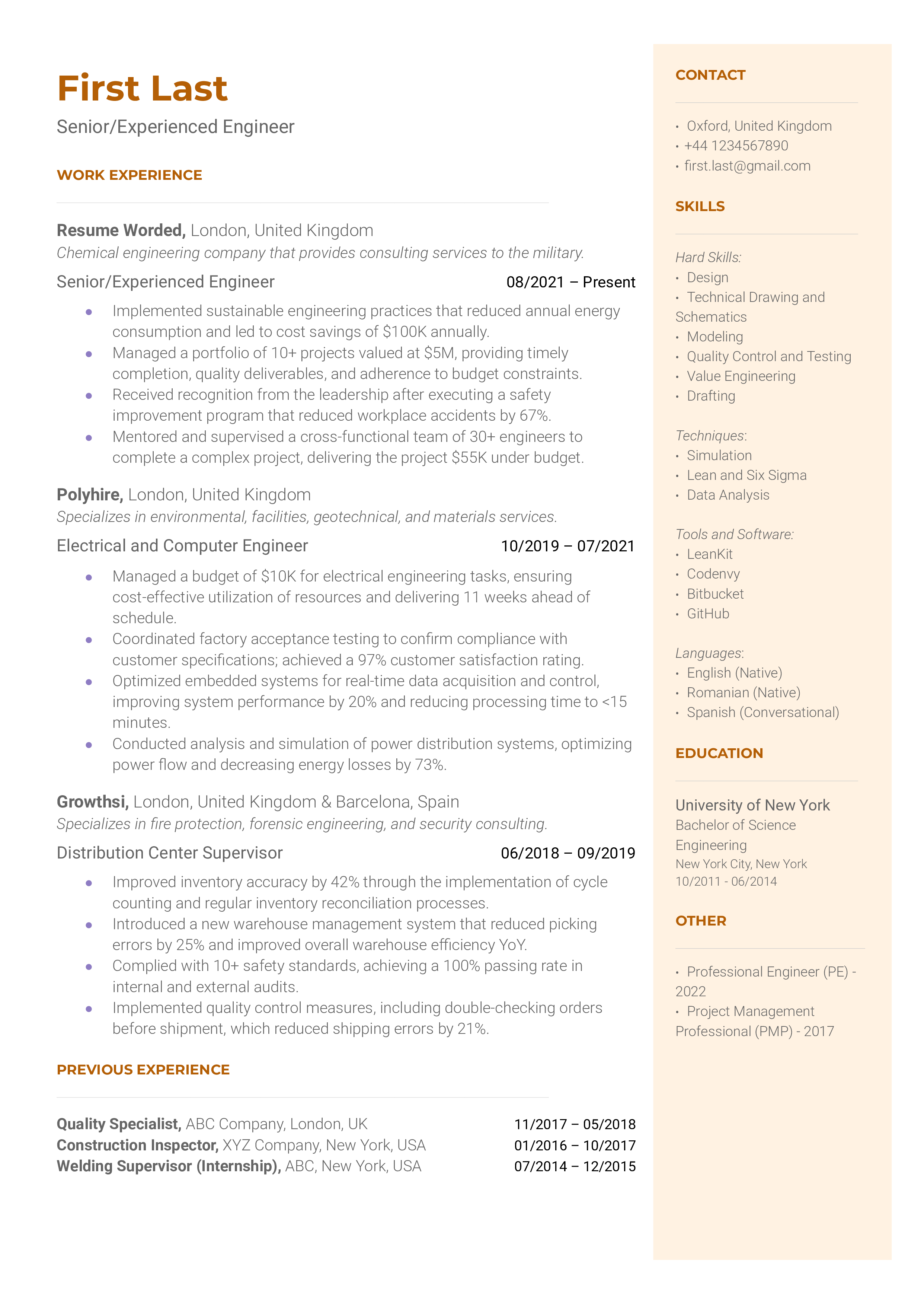 Senior / Experienced Engineer Resume Sample