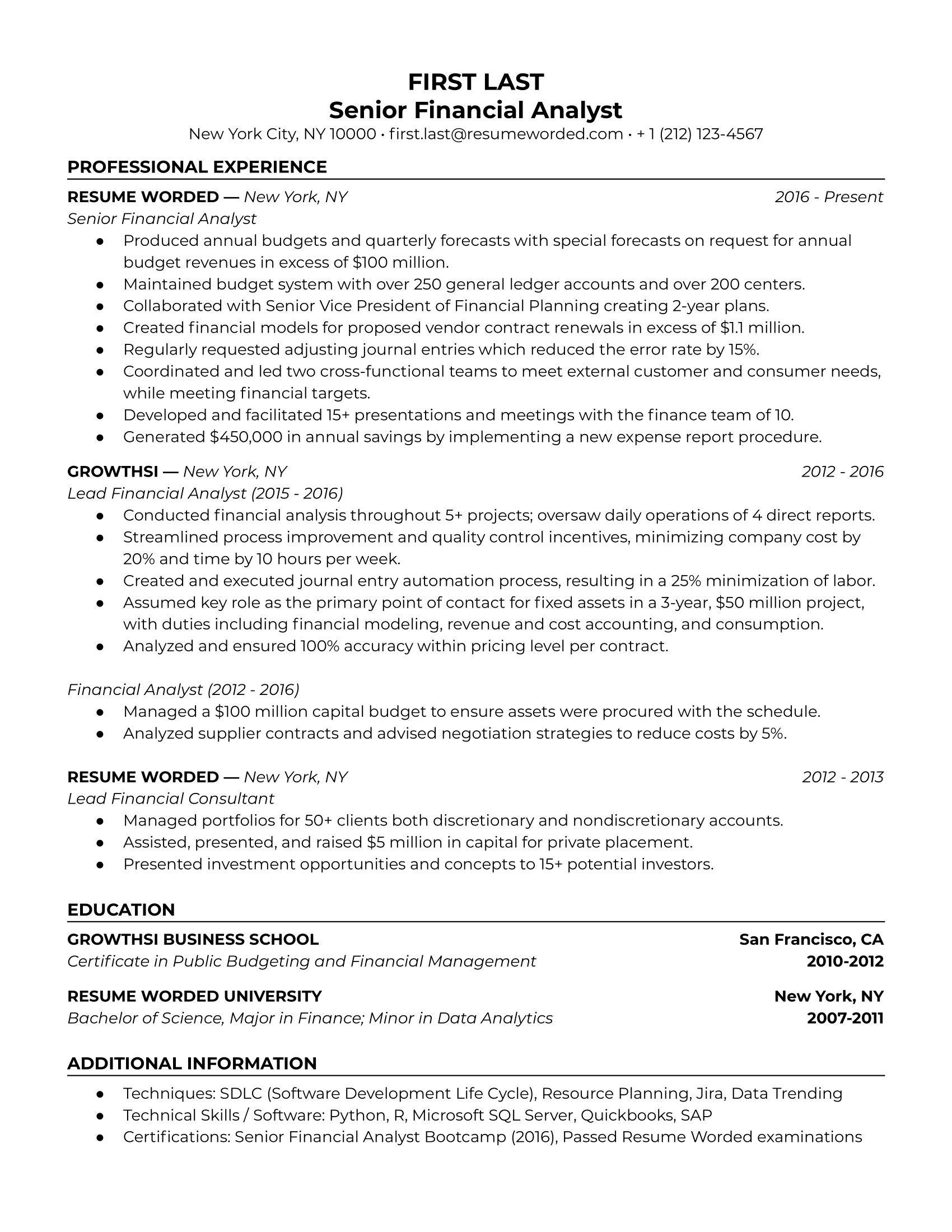 Senior Financial Analyst Resume Sample Senior financial analyst resume with relevant work history and past promotions