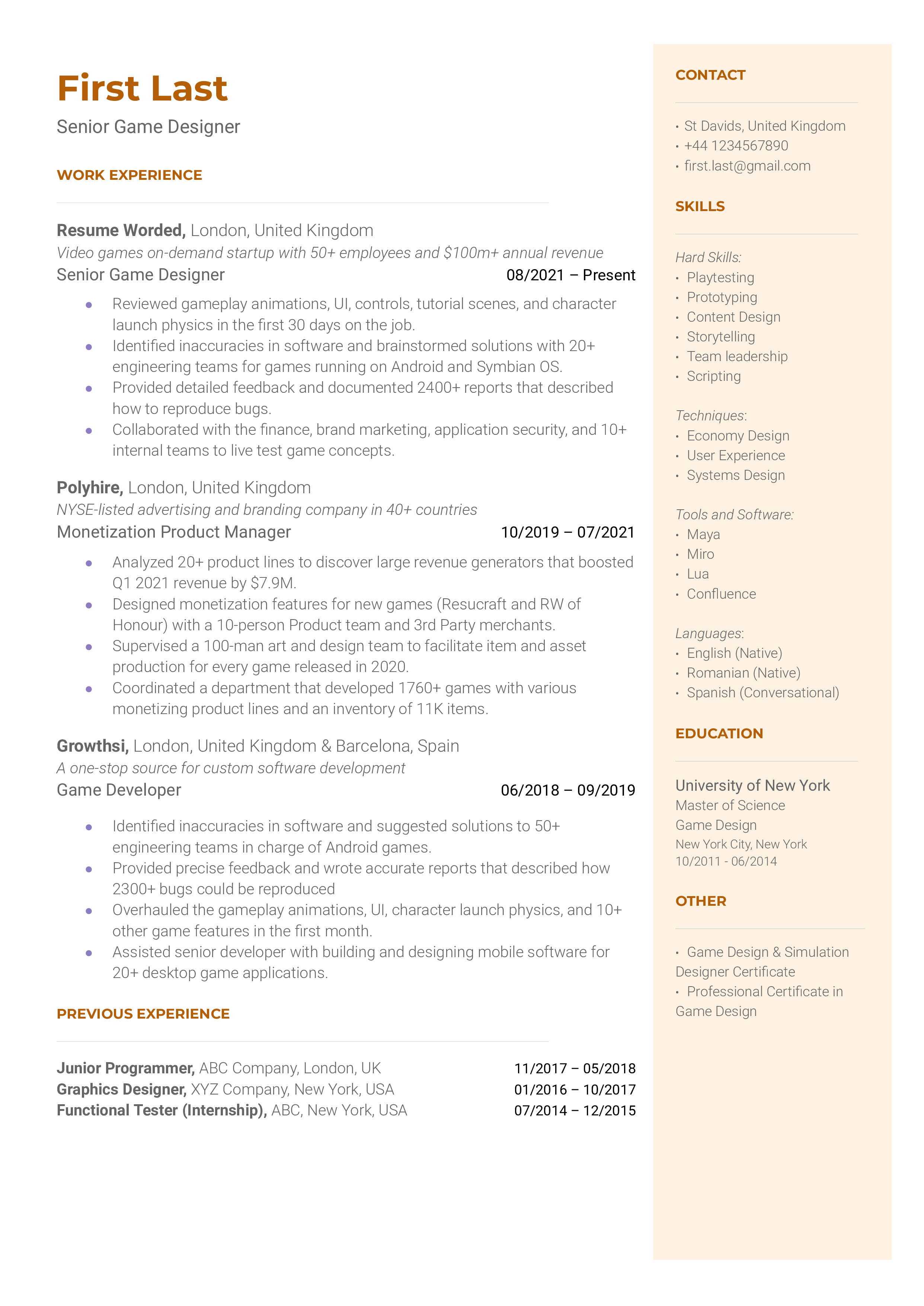 Senior Game Designer Resume Sample